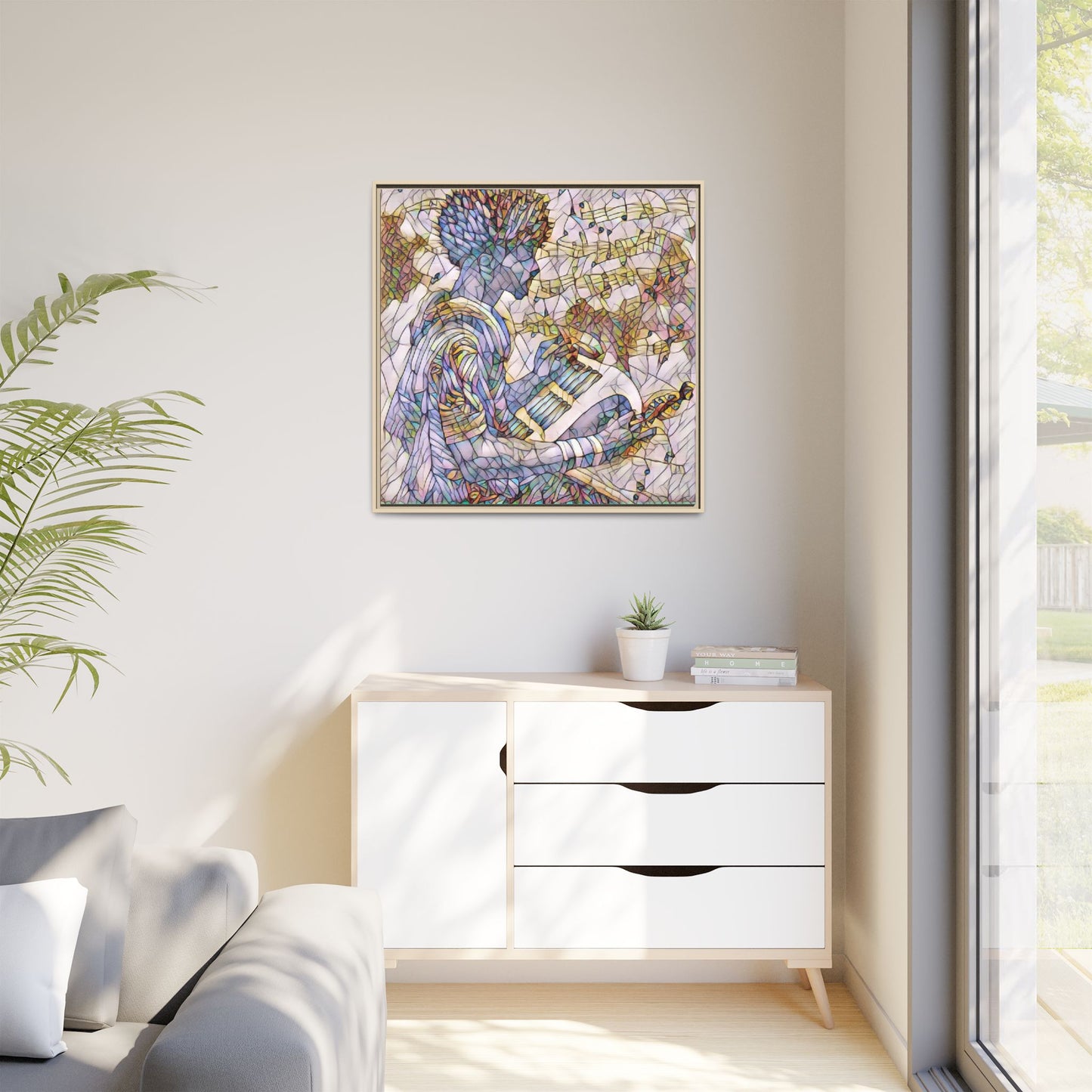 Abstract Jazz Musician Framed Canvas Art — Colorful Stained-Glass Style Wall Decor