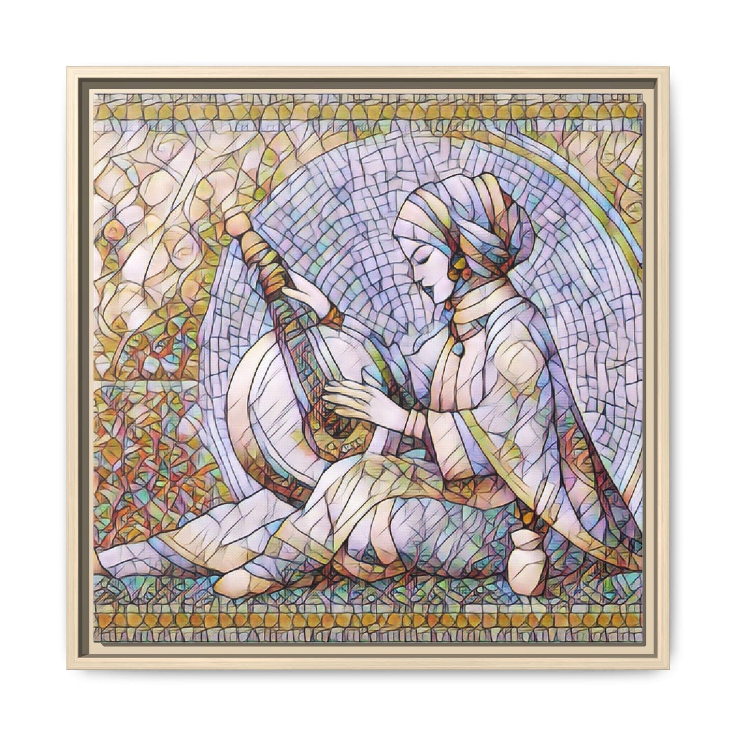 Framed Matte Canvas: Mosaic Lute Player Wall Art — Bohemian Musical Portrait