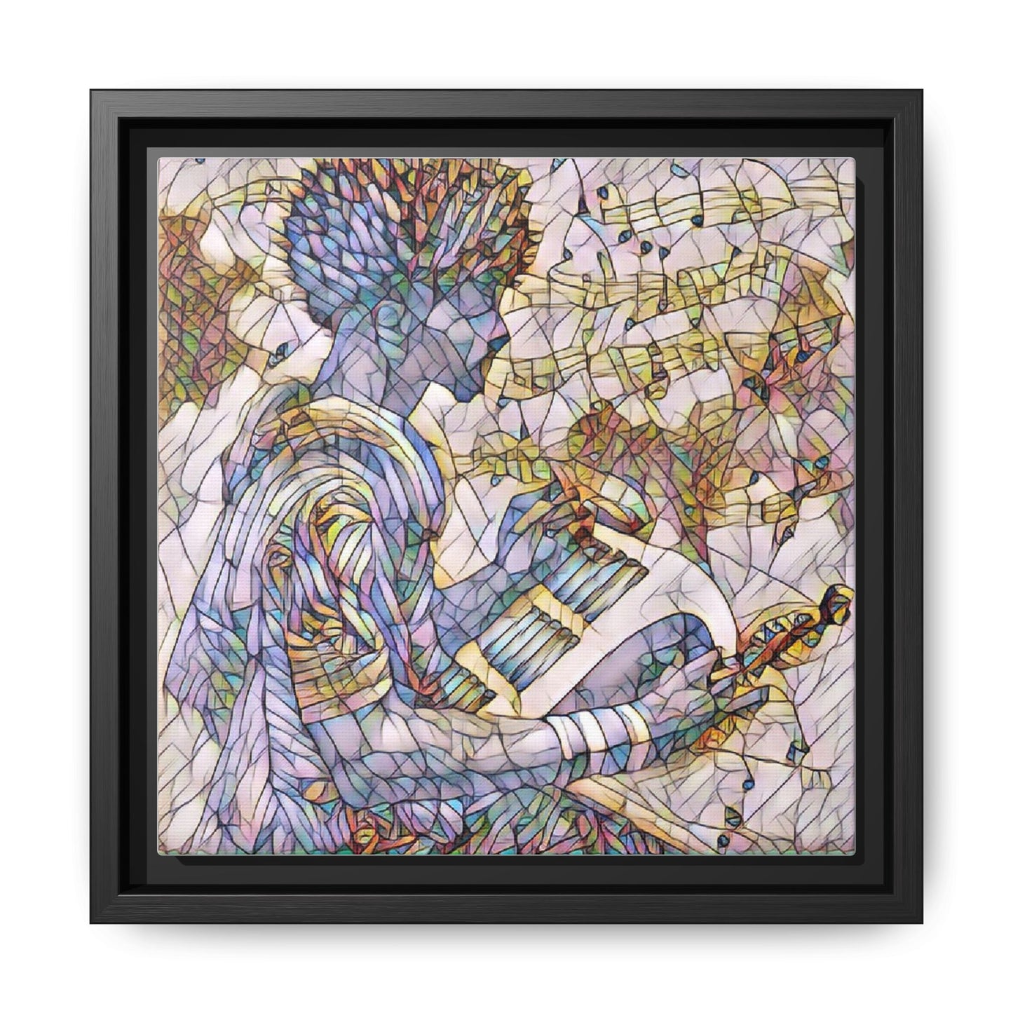 Abstract Jazz Musician Framed Canvas Art — Colorful Stained-Glass Style Wall Decor