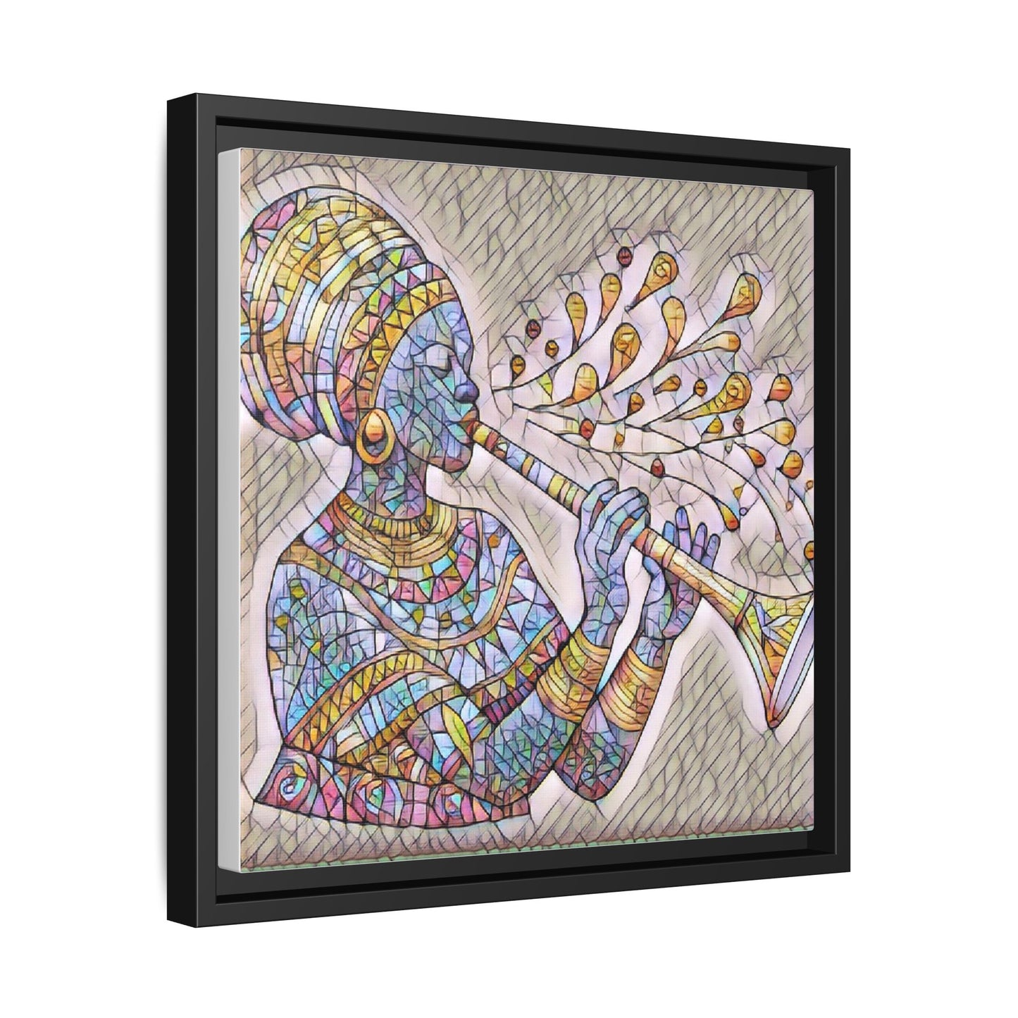 Framed Matte Canvas Art – Colorful African Musician Trumpet Print