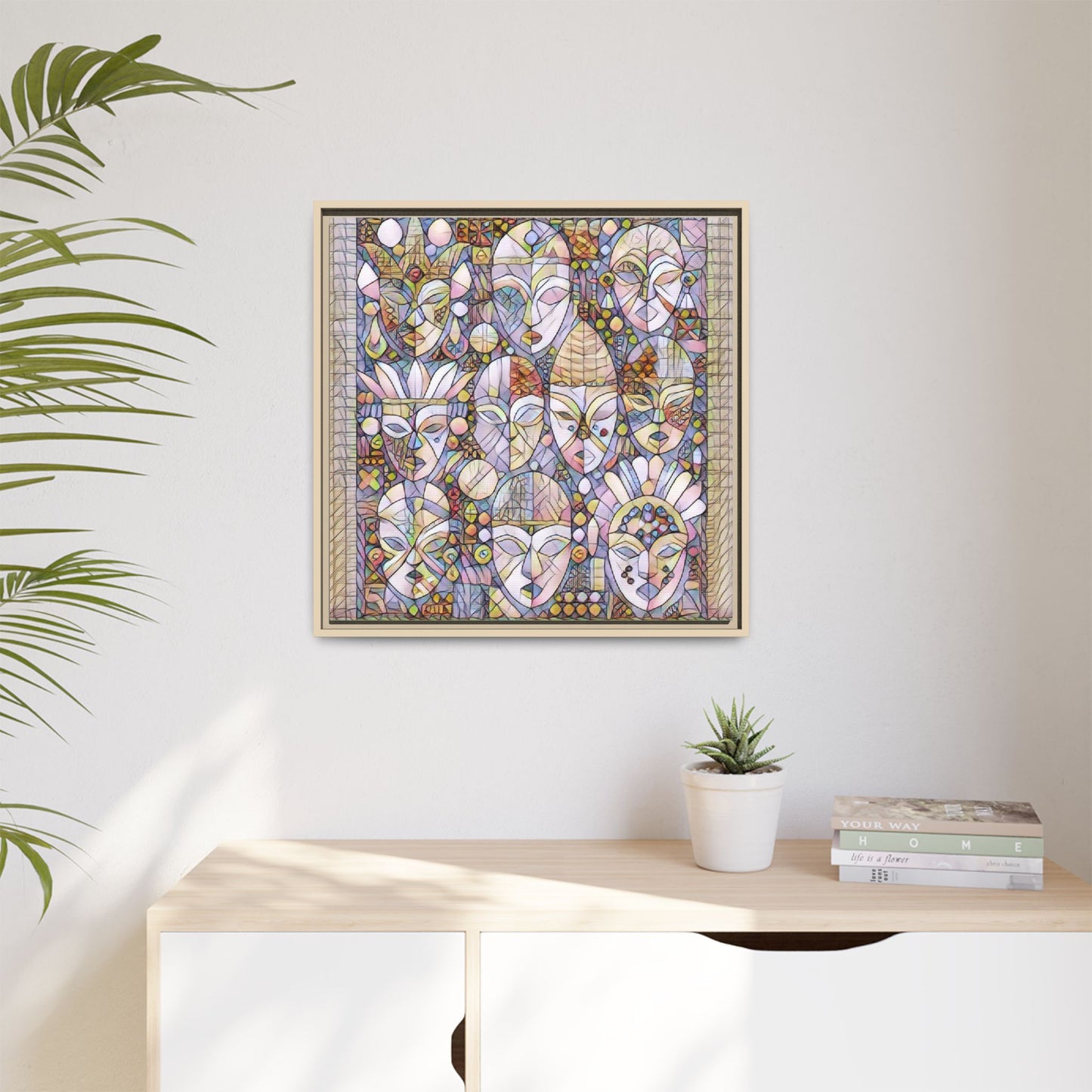 Framed Abstract Mask Art Canvas — Multicolor Stained-Glass Faces Wall Decor