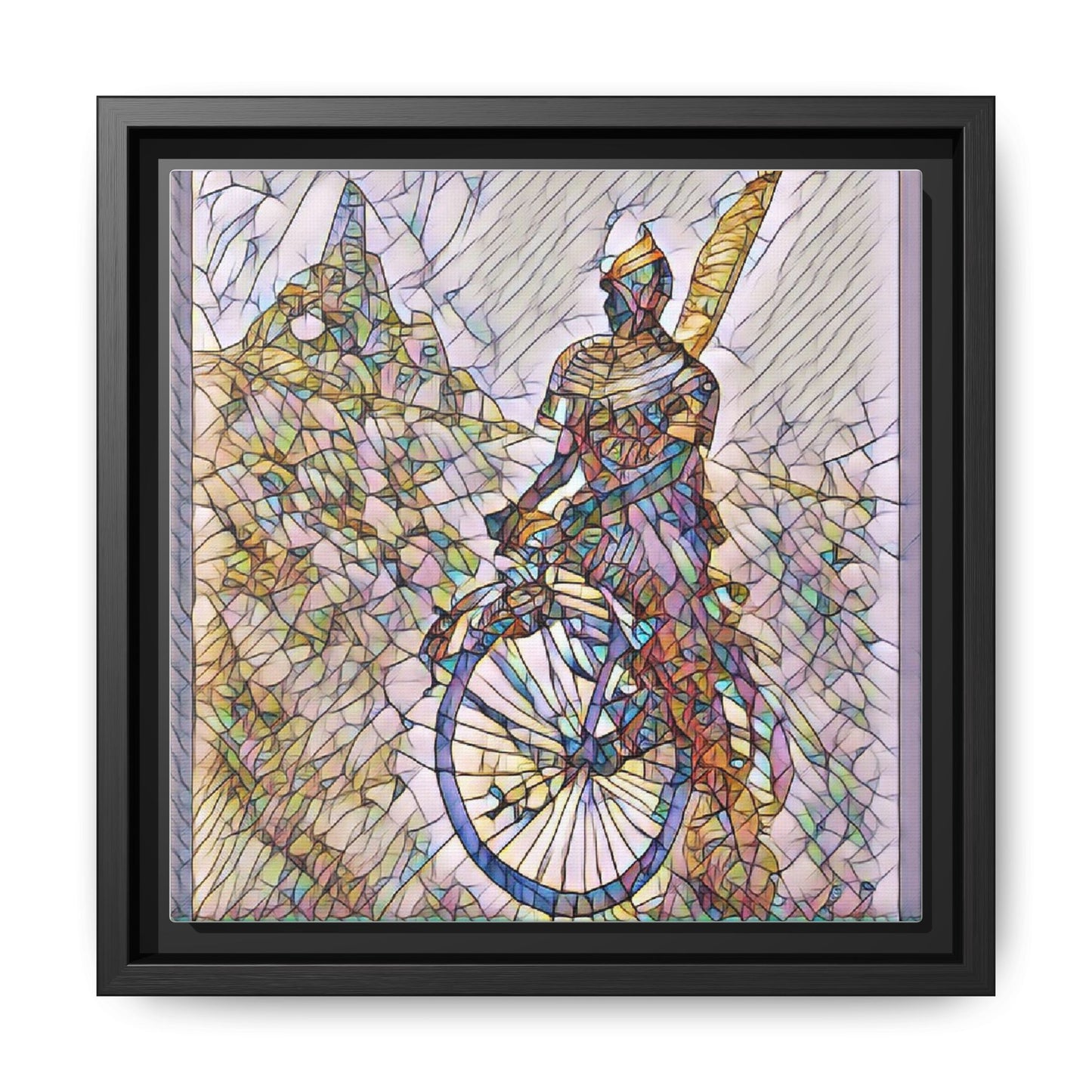 Cyclist Stained Glass Art Print — Framed Matte Canvas