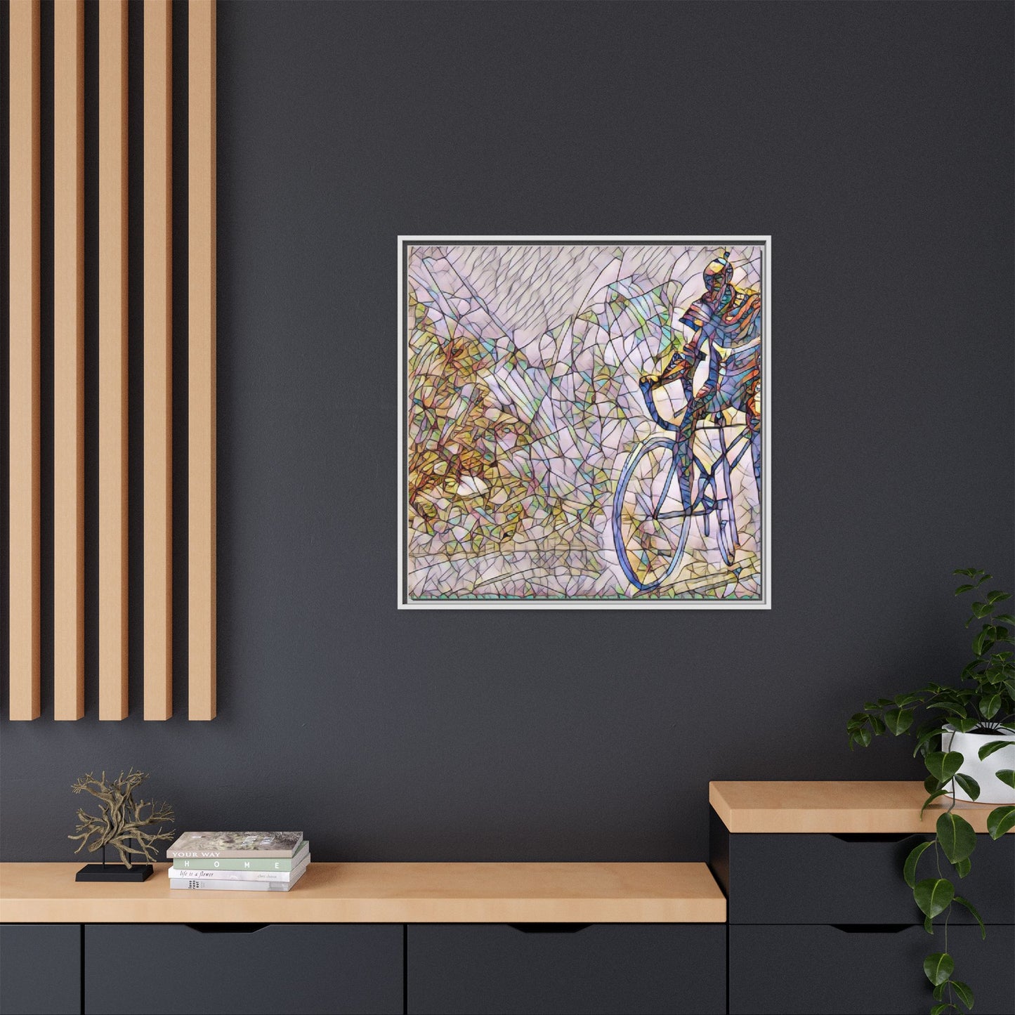 Colorful Cyclist Stained-Glass Art — Framed Matte Canvas
