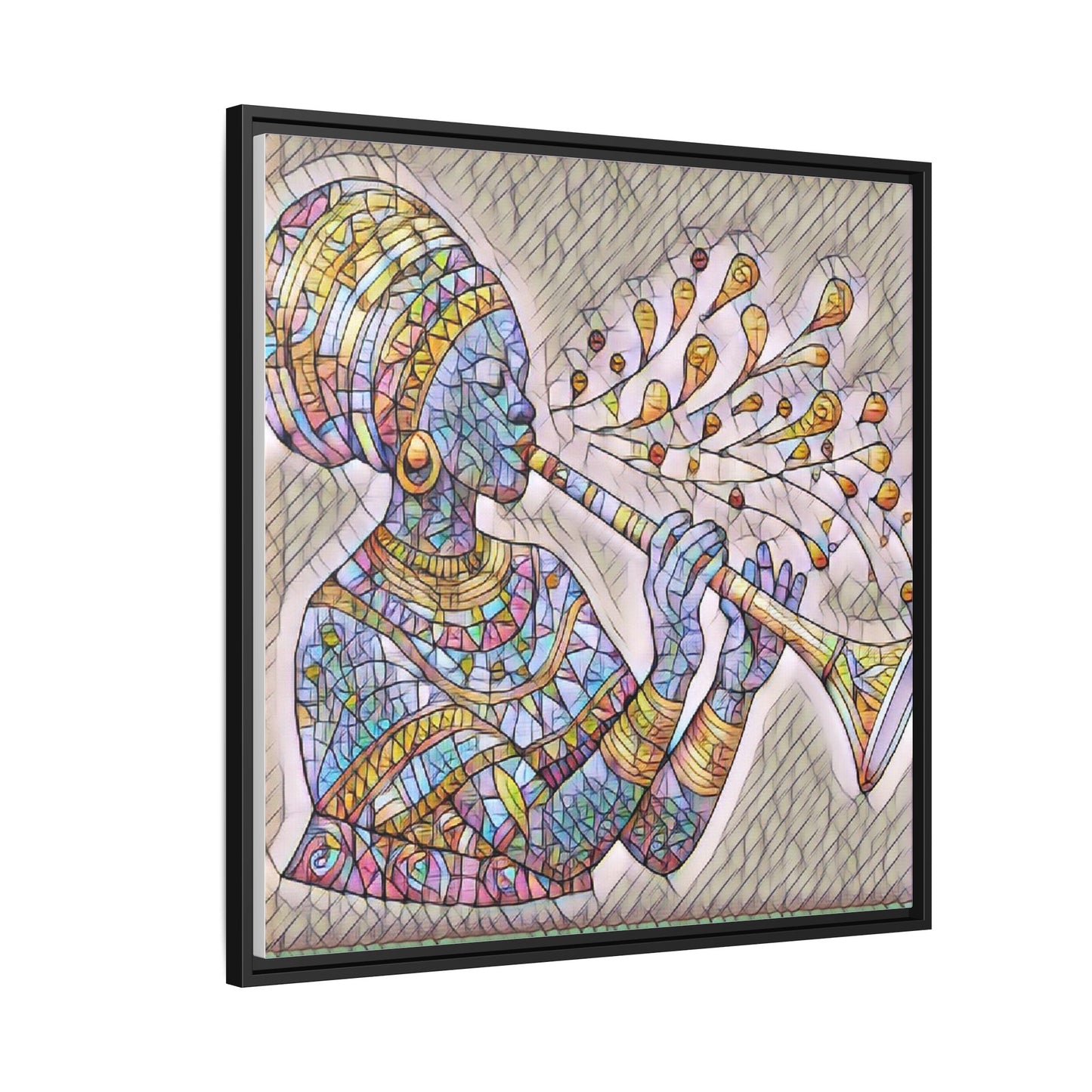 Framed Matte Canvas Art – Colorful African Musician Trumpet Print