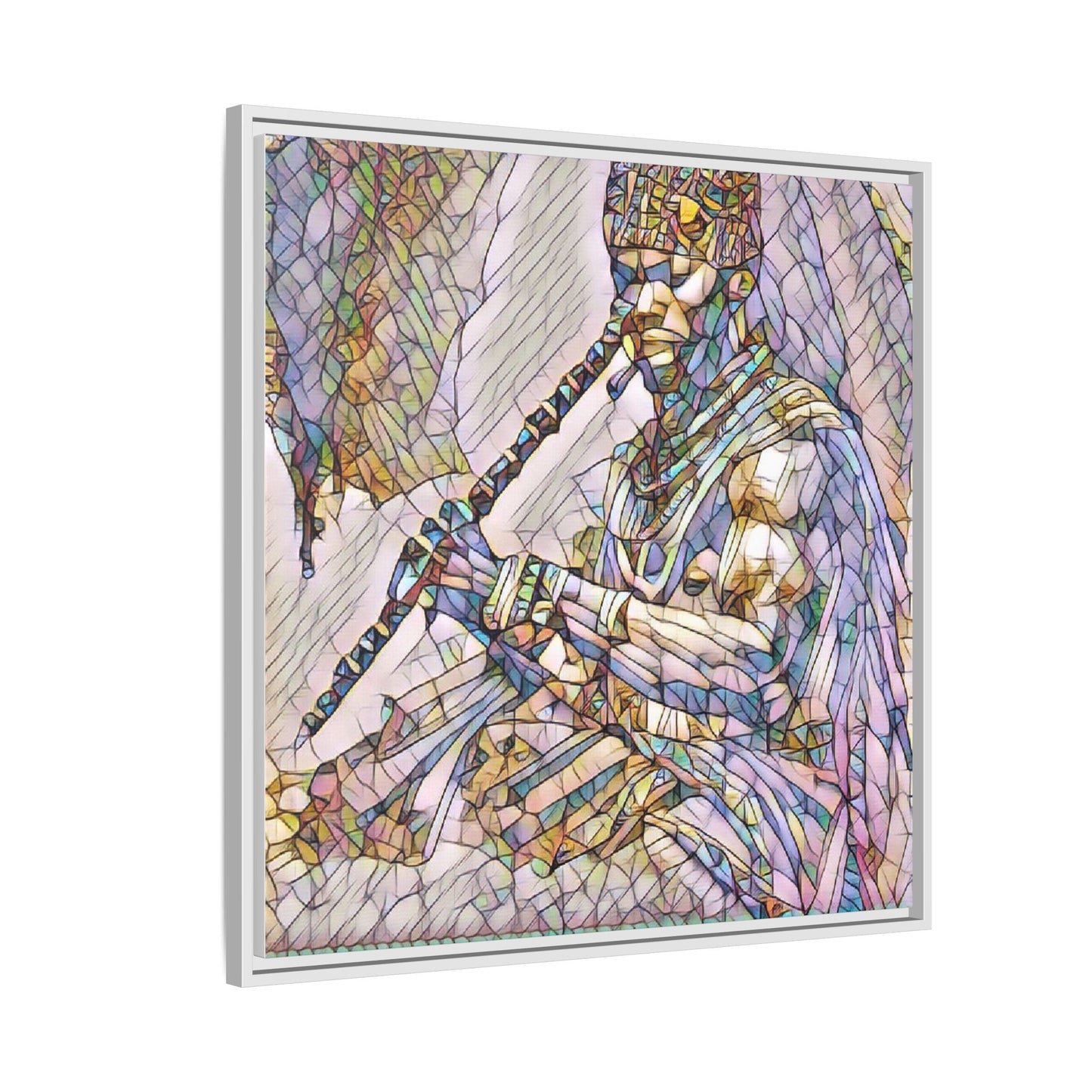 Tribal Flute Musician Stained-Glass Framed Canvas Art