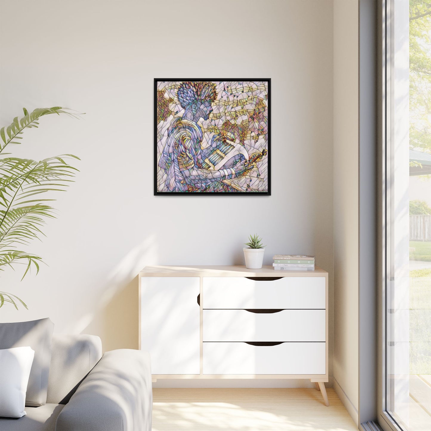 Abstract Jazz Musician Framed Canvas Art — Colorful Stained-Glass Style Wall Decor