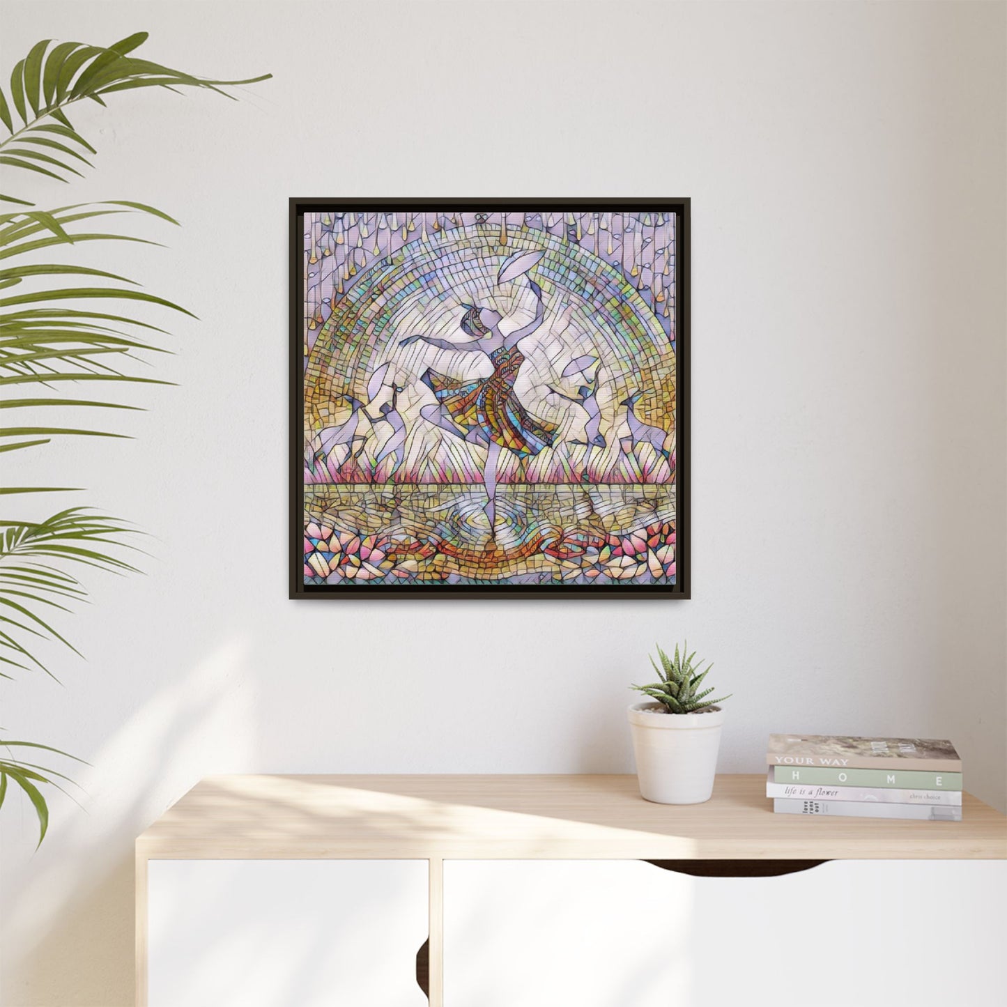 Stained Glass Ballerina Framed Canvas Art — Dancer Mosaic Wall Decor