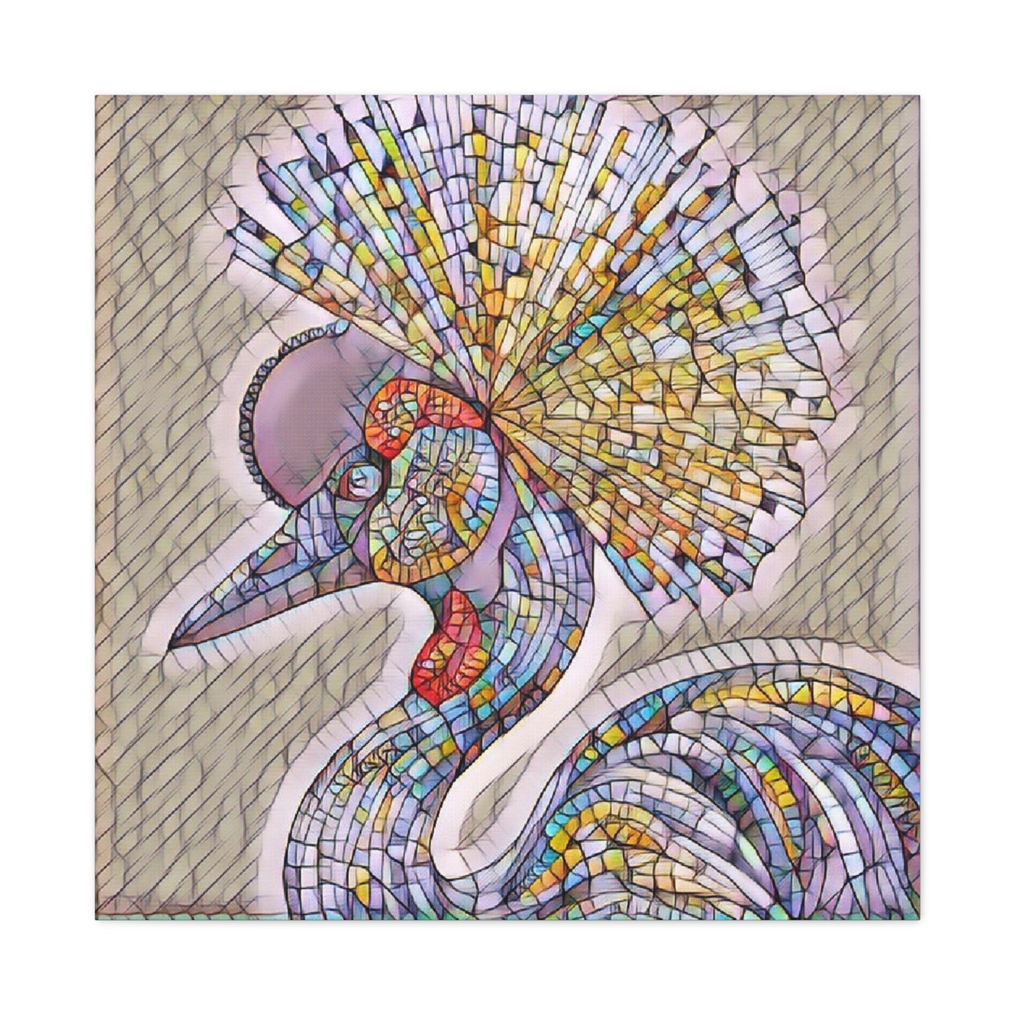 Colorful Mosaic Crowned Crane Canvas Wall Art — Stretched Matte Print