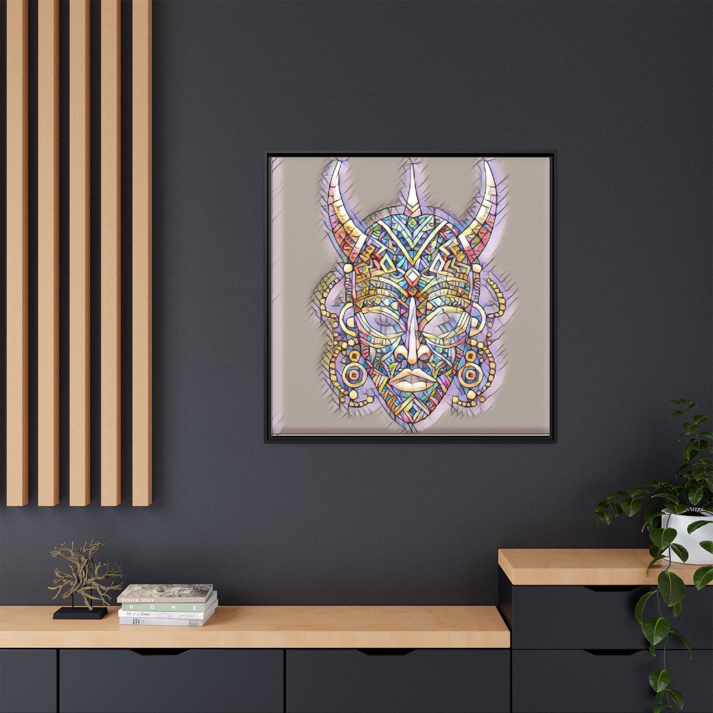 Colorful Tribal Mask Framed Canvas Art — Abstract Ethnic Wall Decor
