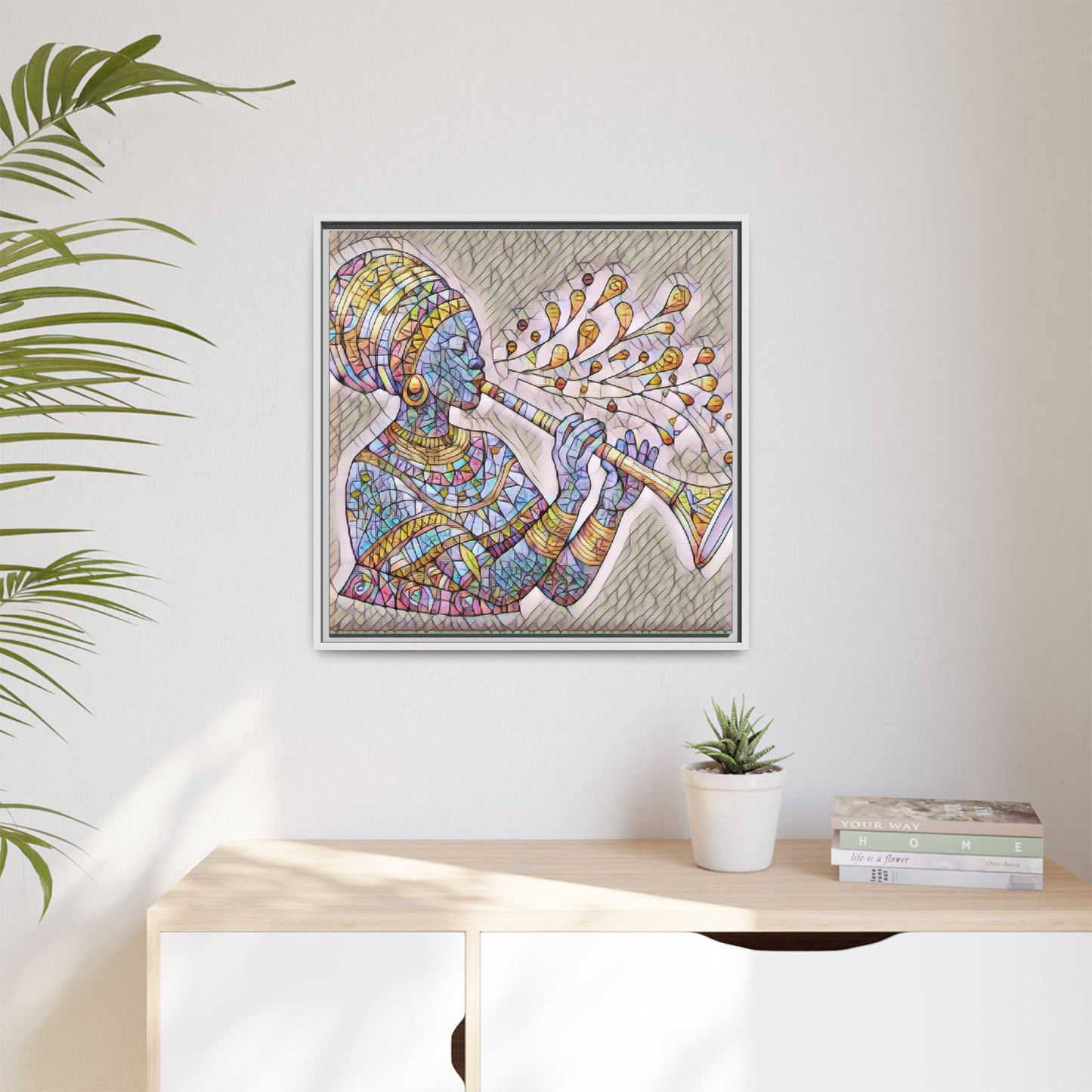 Framed Matte Canvas Art – Colorful African Musician Trumpet Print