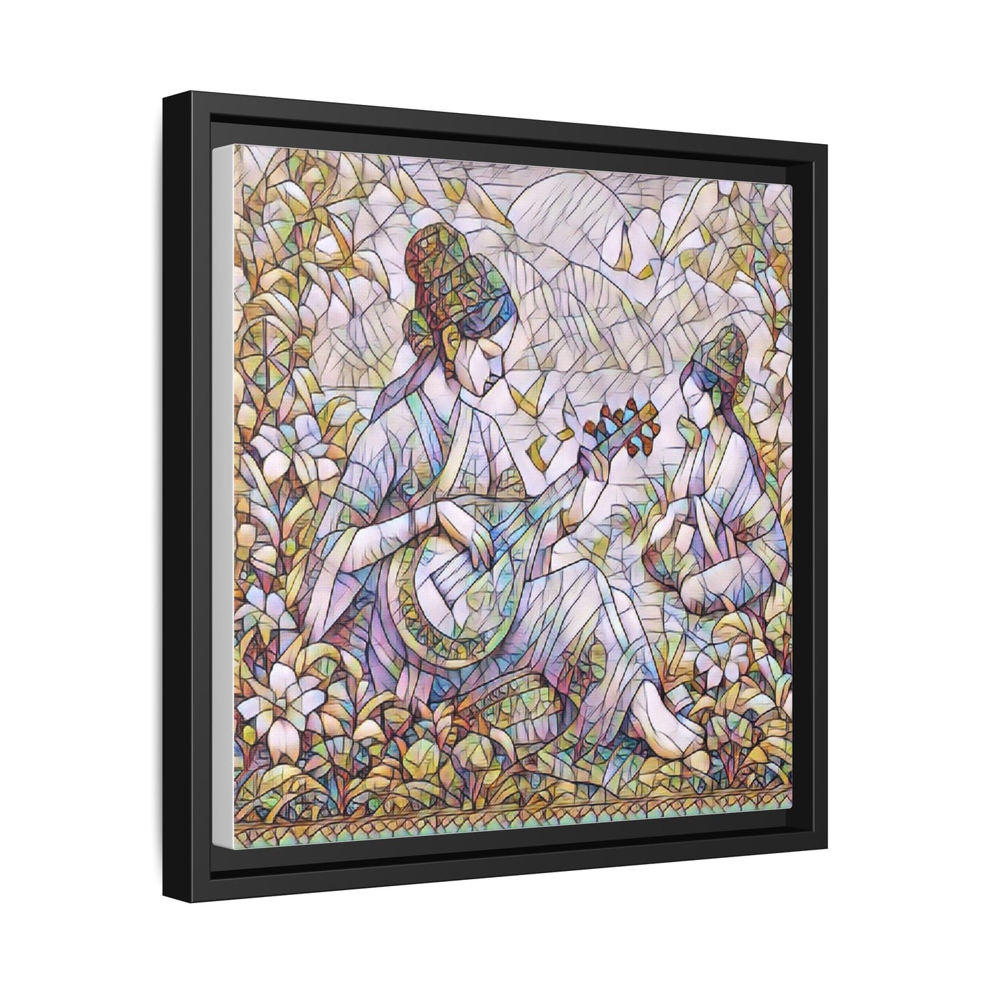 Framed Matte Canvas Art - Vintage Asian Musicians Floral Illustration