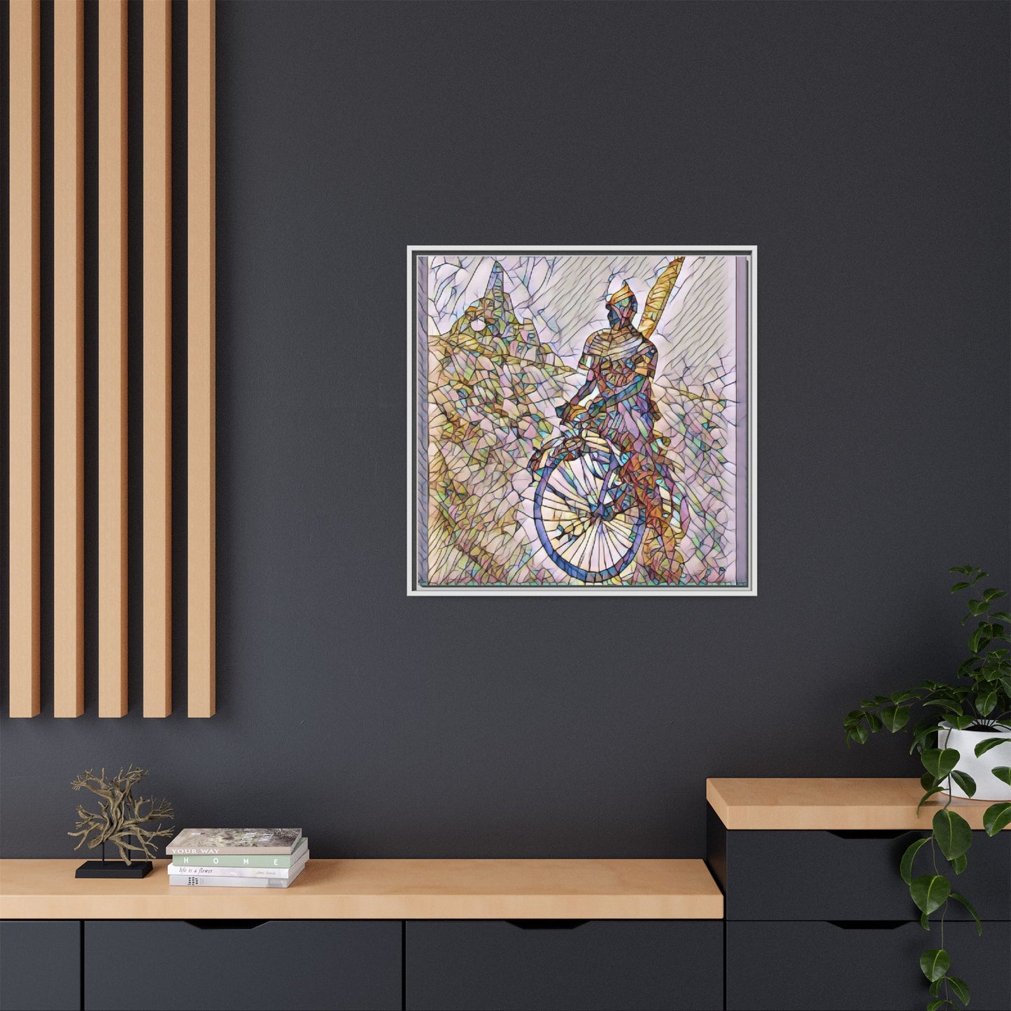 Cyclist Stained Glass Art Print — Framed Matte Canvas