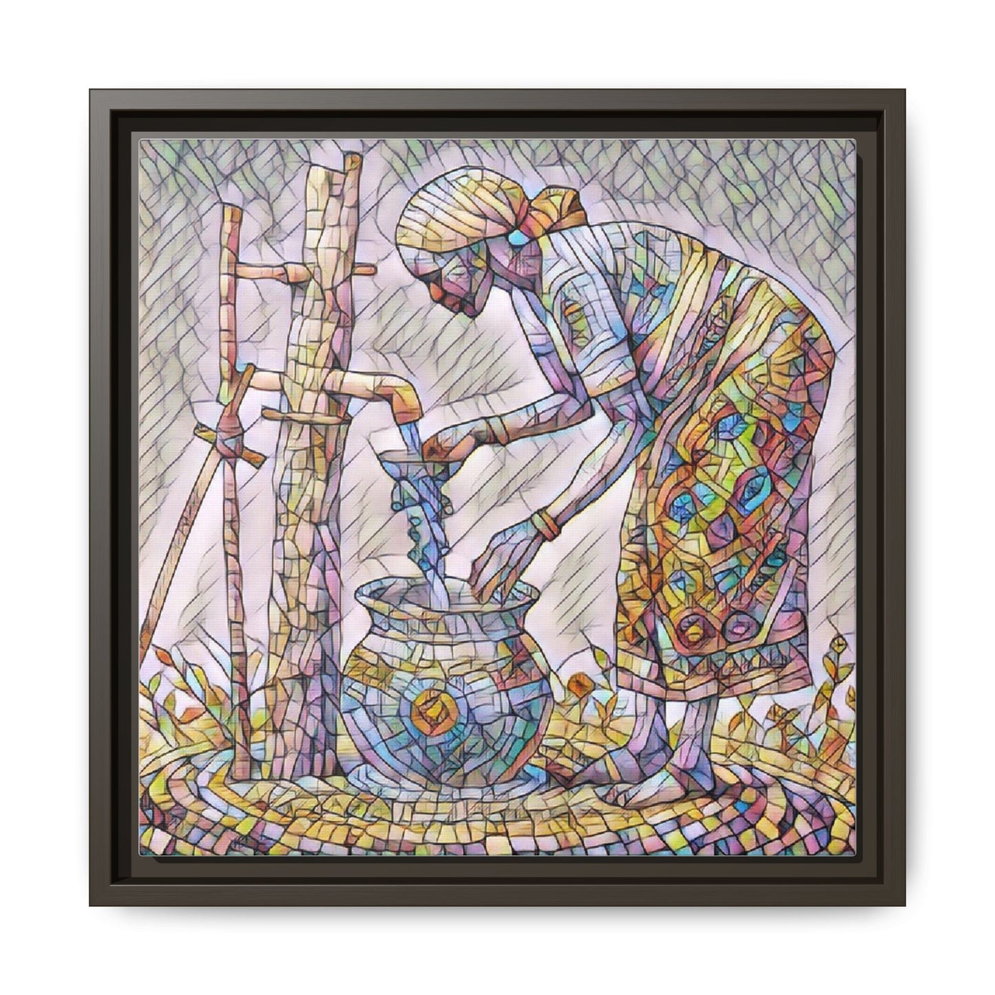 Framed Matte Canvas Art — Colorful Mosaic Woman at Well