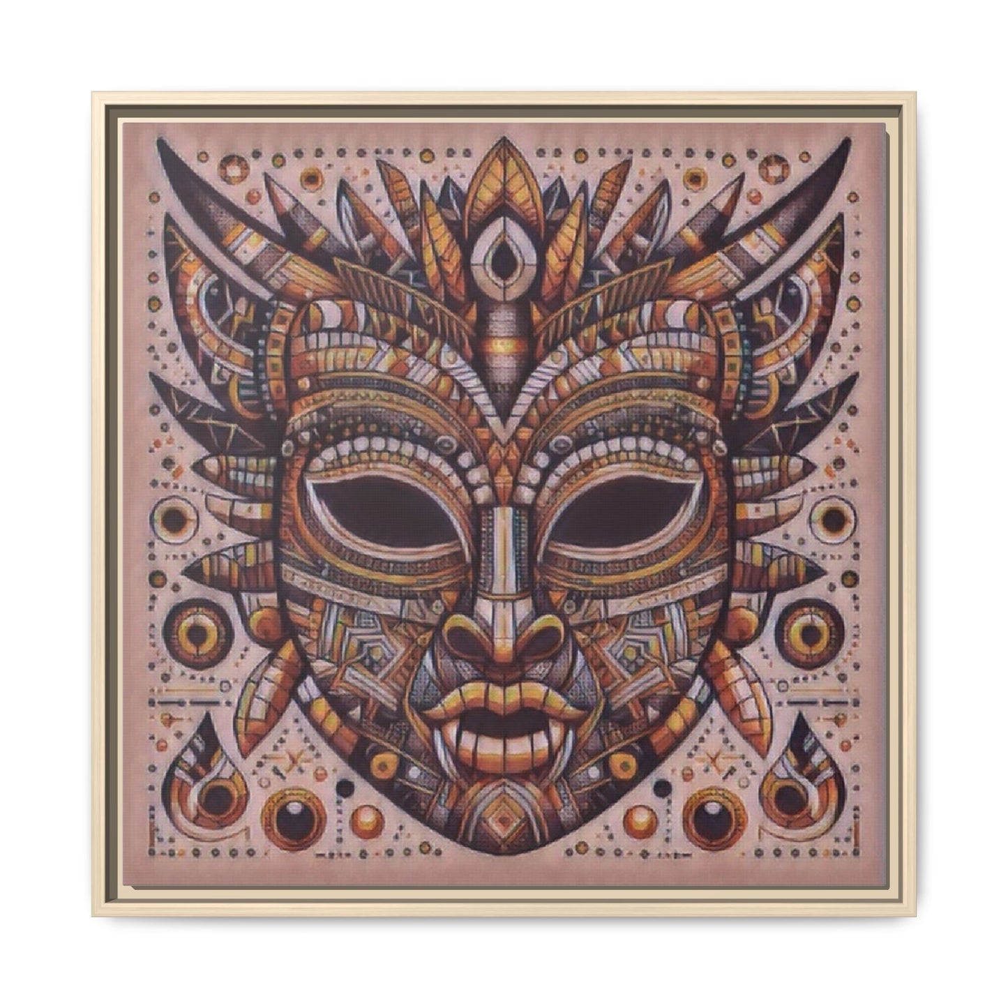 Tribal Mask Framed Canvas Art — Multicolor Matte Wall Decor