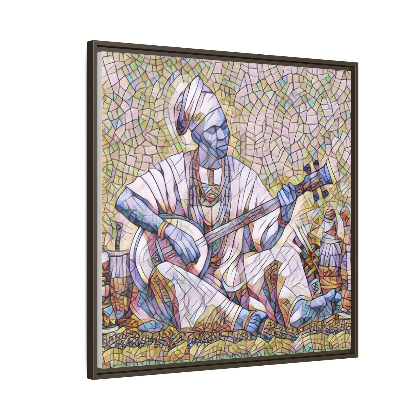 Framed Mosaic Musician Canvas Art — African Griot with Kora