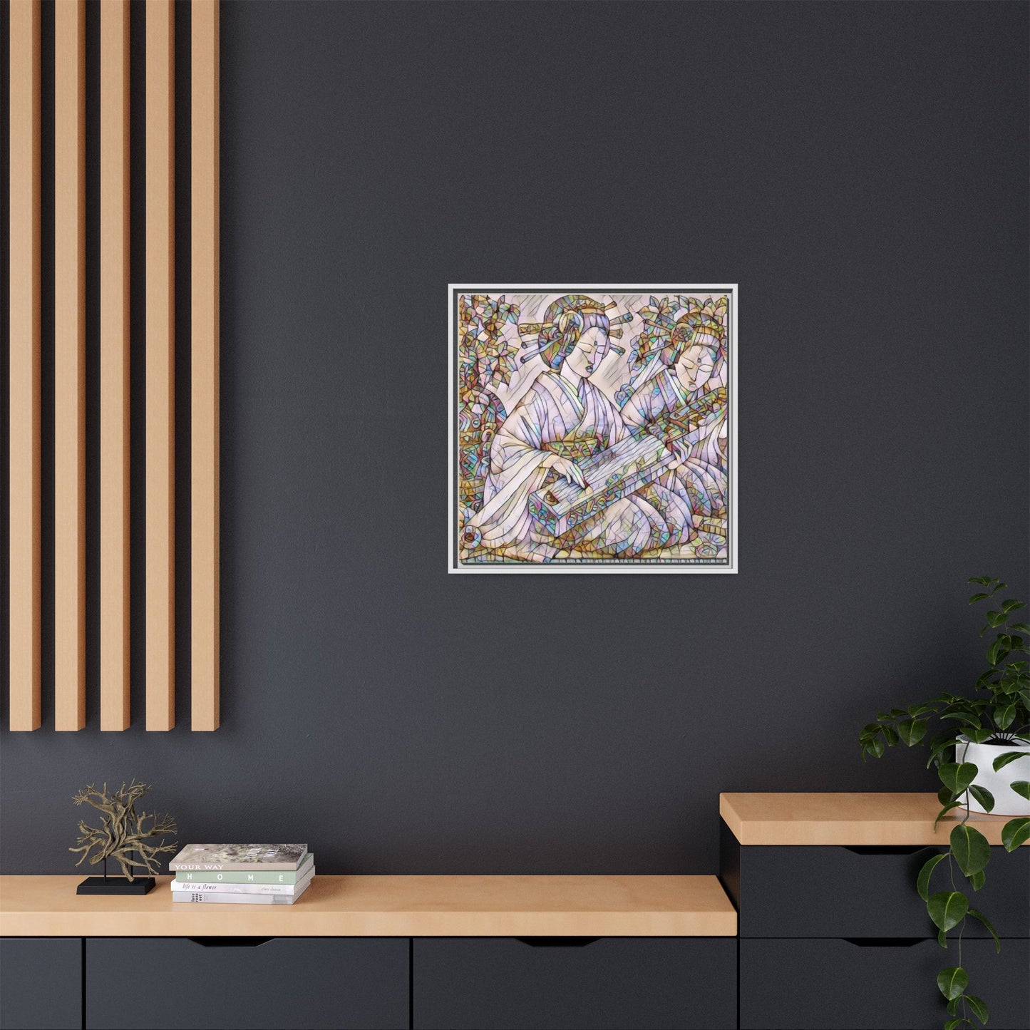Framed Matte Canvas Print — Stained-Glass Geisha Duo