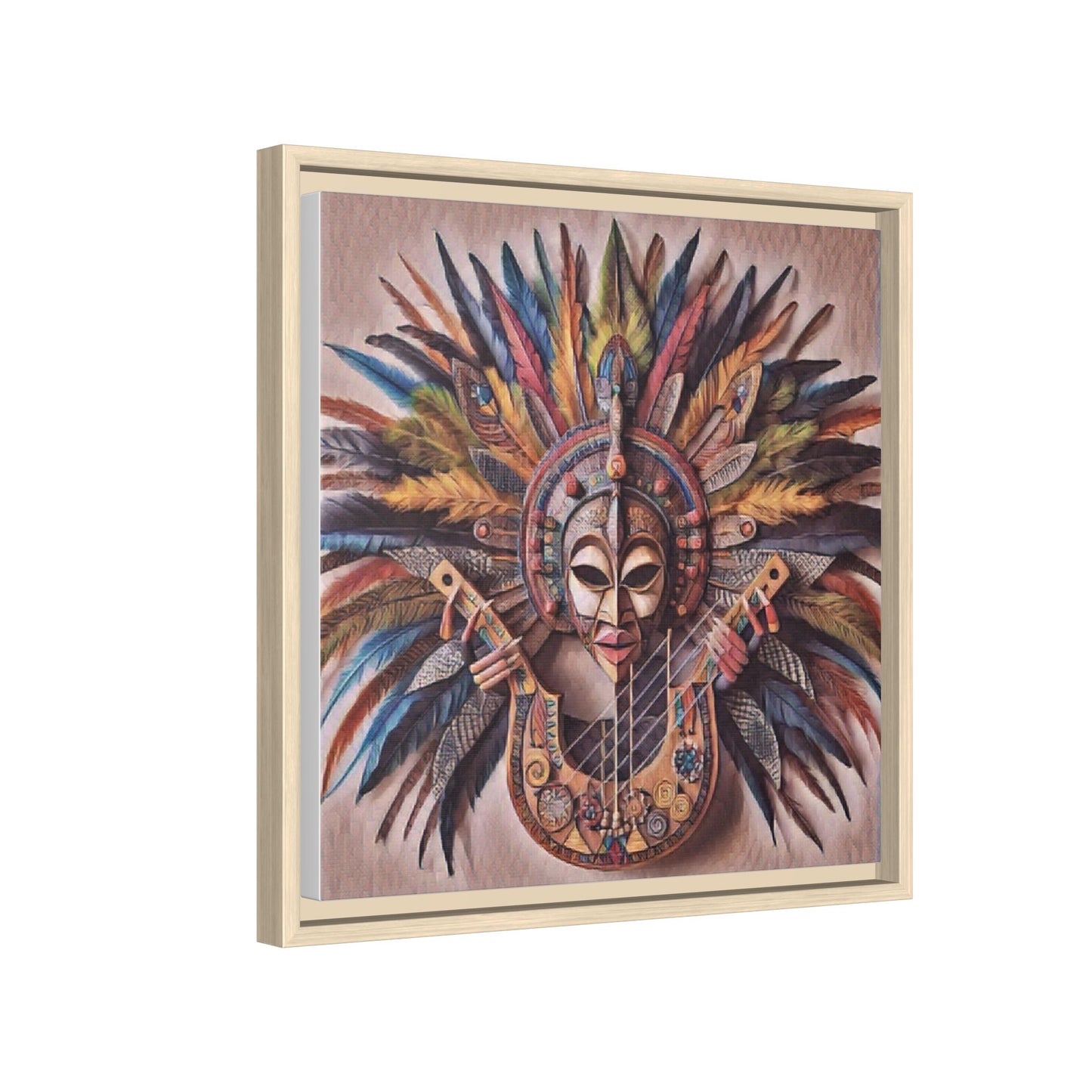Tribal Feather Mask Guitar Framed Canvas Art — Colorful Boho Wall Decor