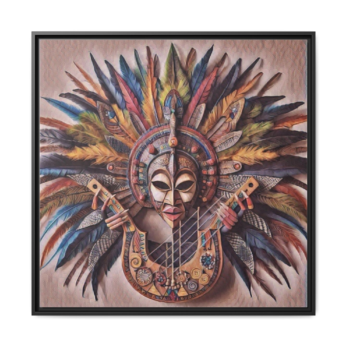 Tribal Feather Mask Guitar Framed Canvas Art — Colorful Boho Wall Decor