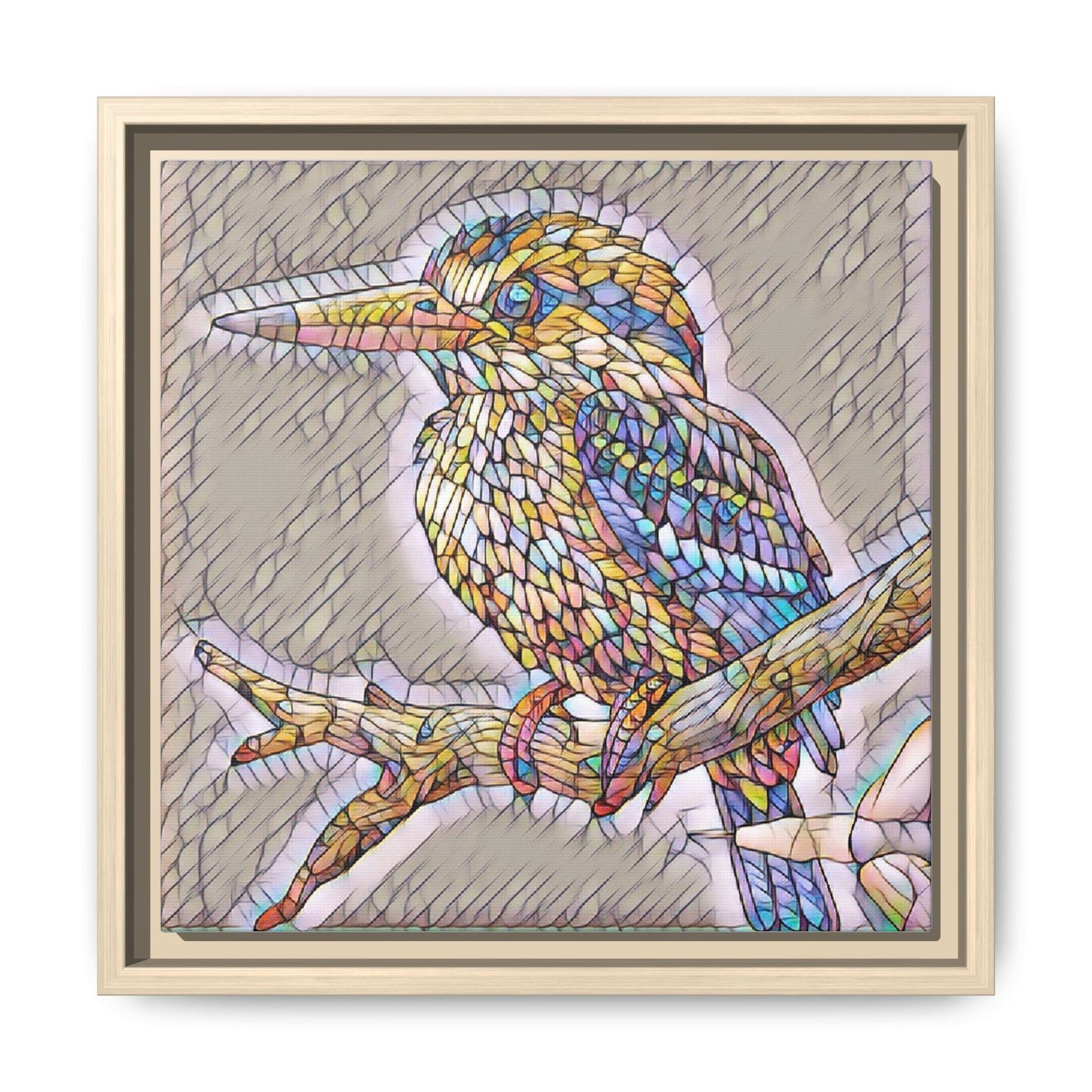 Colorful Kingfisher Framed Canvas Wall Art — Stained-Glass Style Bird Print