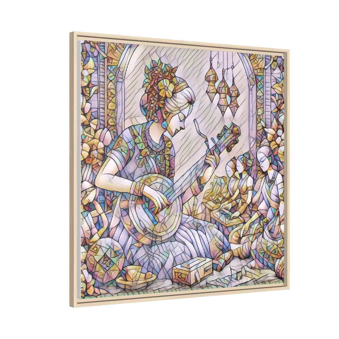 Framed Matte Canvas: Bohemian Woman Playing Lute — Stained-Glass Style Wall Art