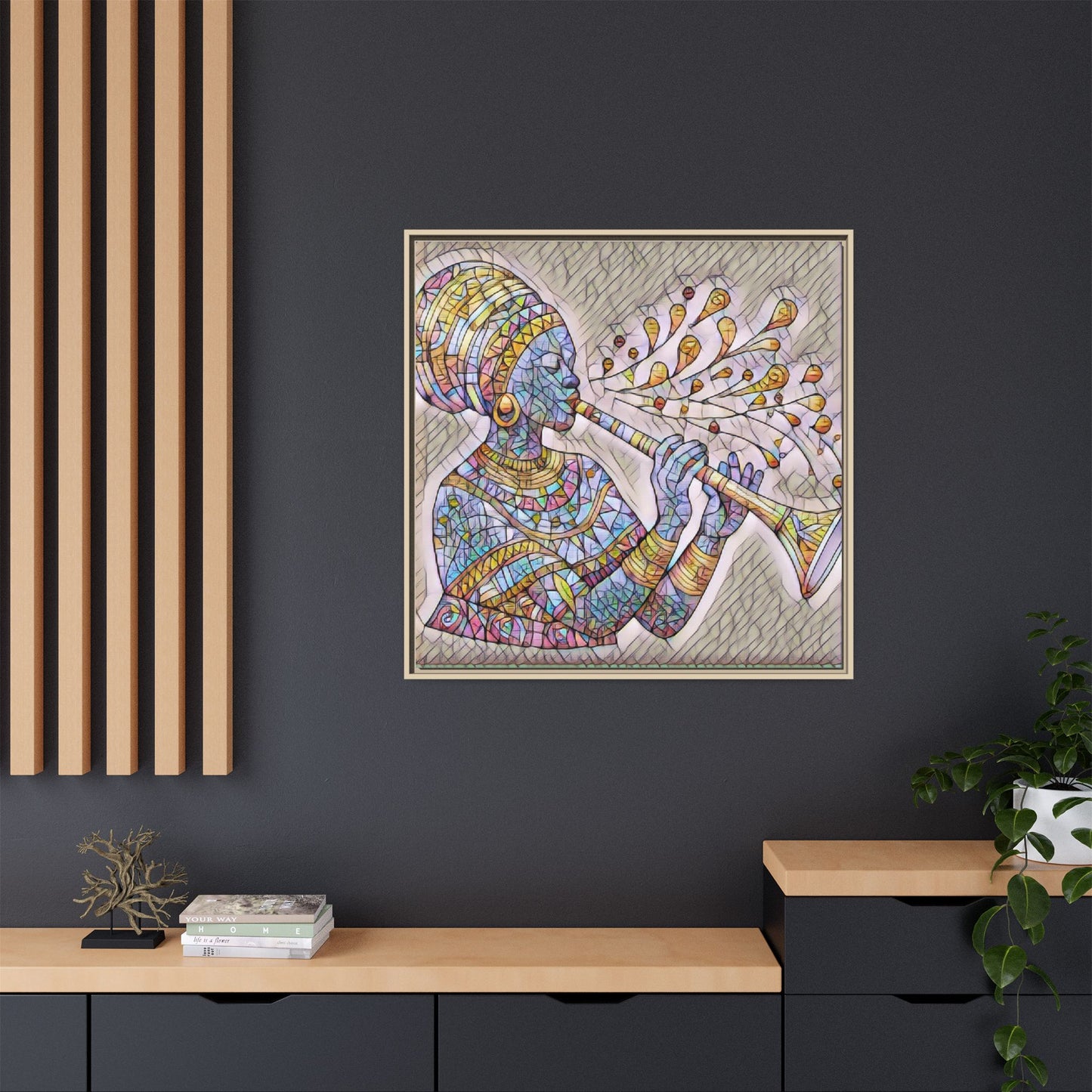 Framed Matte Canvas Art – Colorful African Musician Trumpet Print