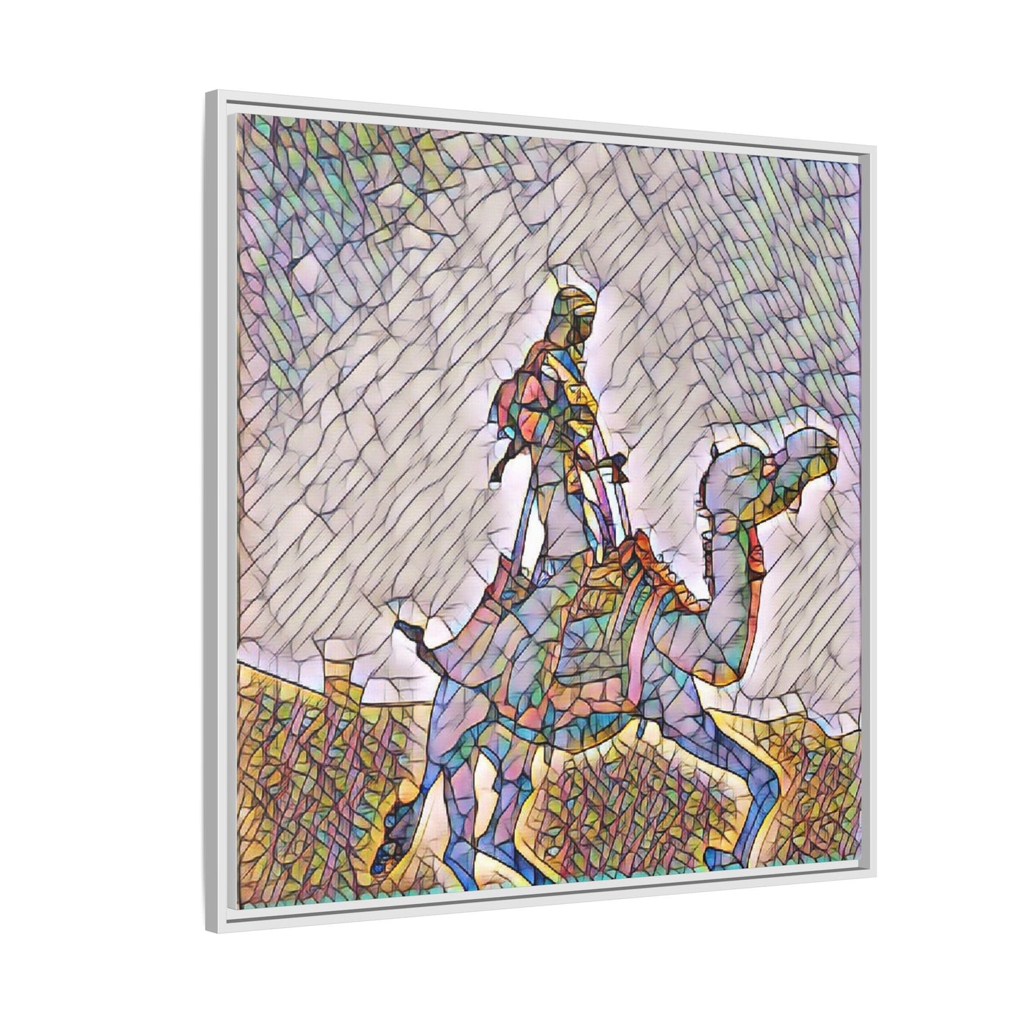 Framed Camel Rider Matte Canvas Art — Colorful Mosaic Desert Wall Decor