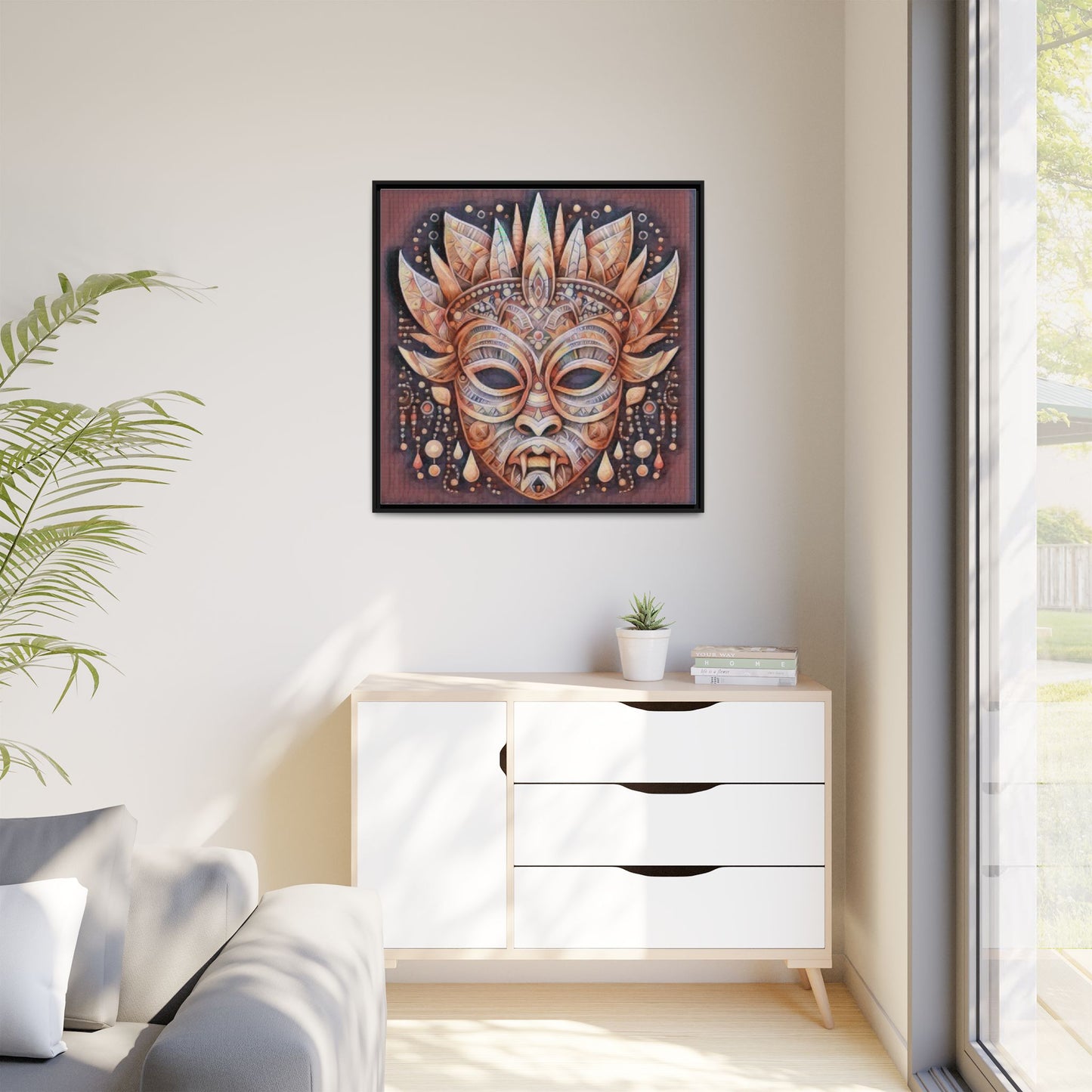 Tribal Sun Mask Framed Canvas Art — Boho Ethnic Wall Decor