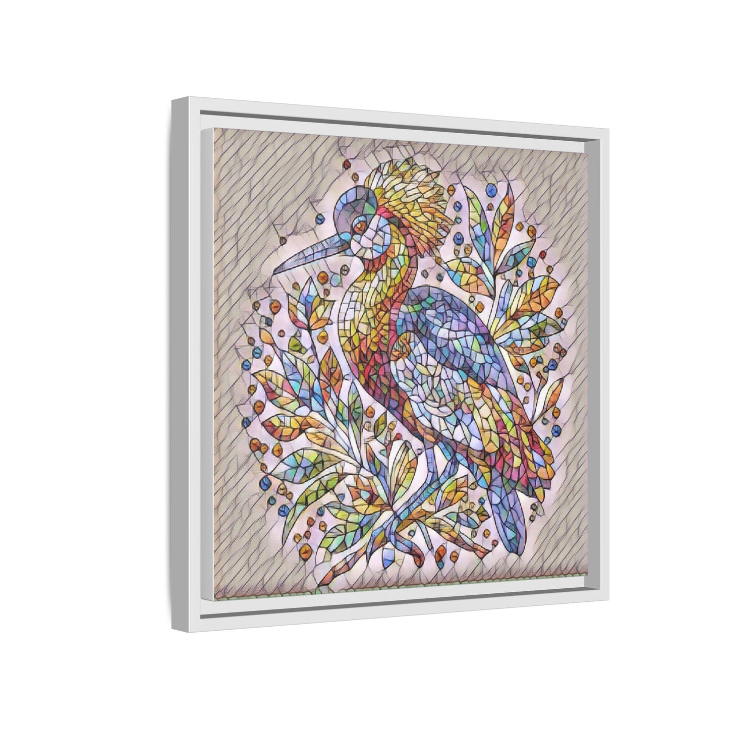 Colorful Stained-Glass Heron — Framed Matte Canvas Wall Art