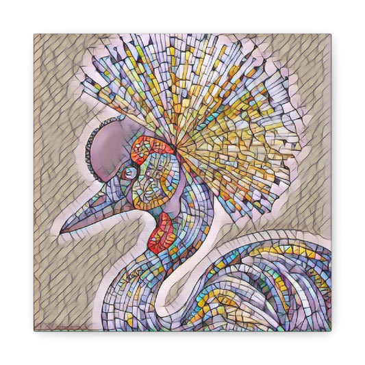 Colorful Mosaic Crowned Crane Canvas Wall Art — Stretched Matte Print