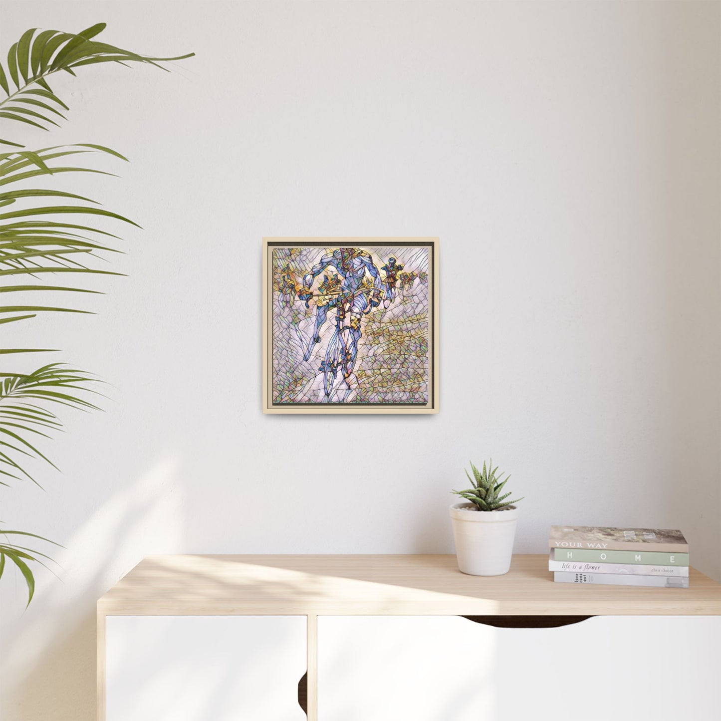 Abstract Cyclist Matte Canvas Framed Art — Colorful Stained-Glass Bike Print