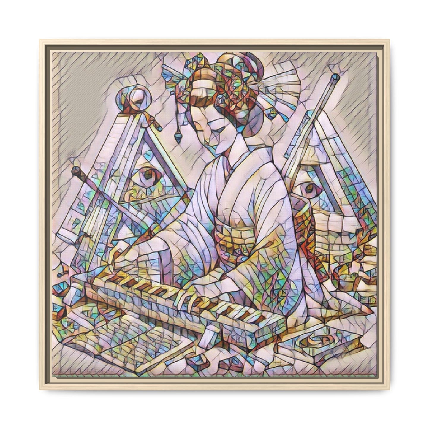 Framed Matte Canvas: Stained-Glass Geisha Wall Art