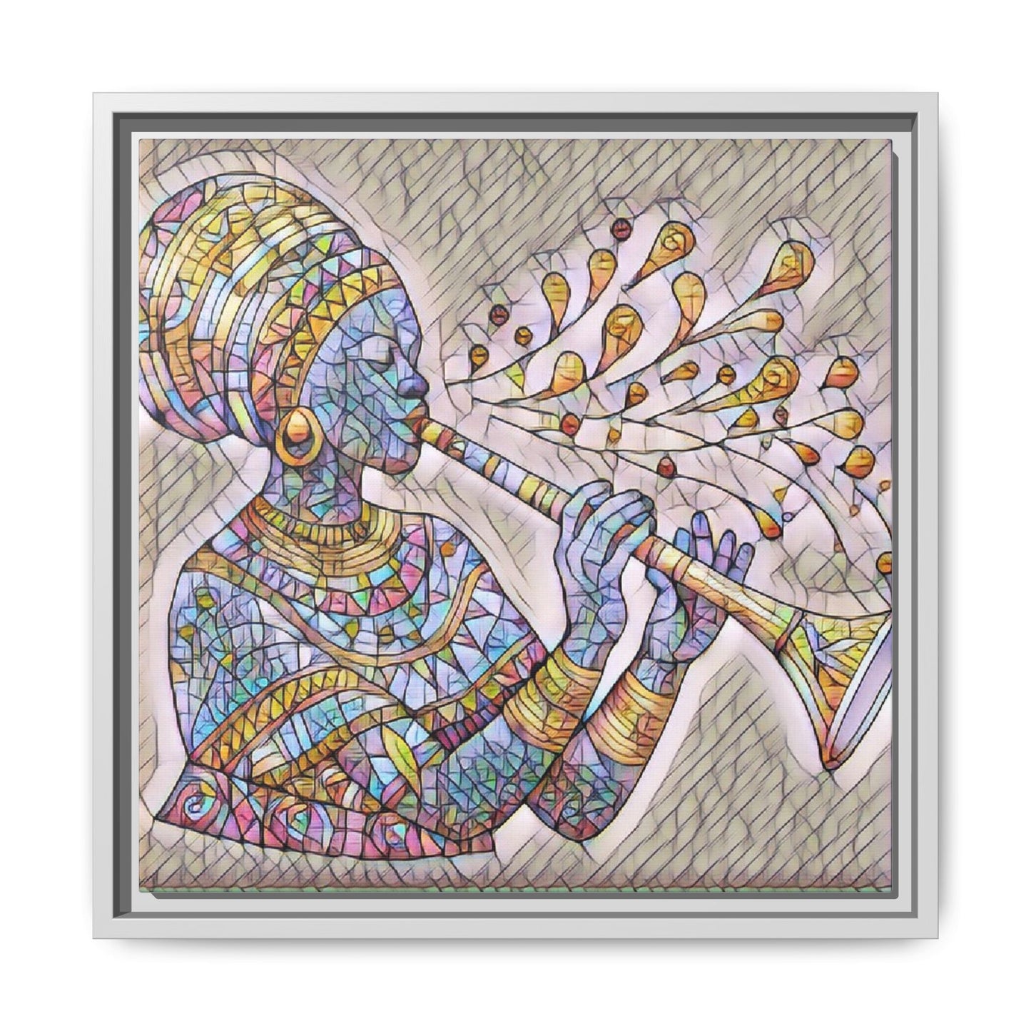Framed Matte Canvas Art – Colorful African Musician Trumpet Print
