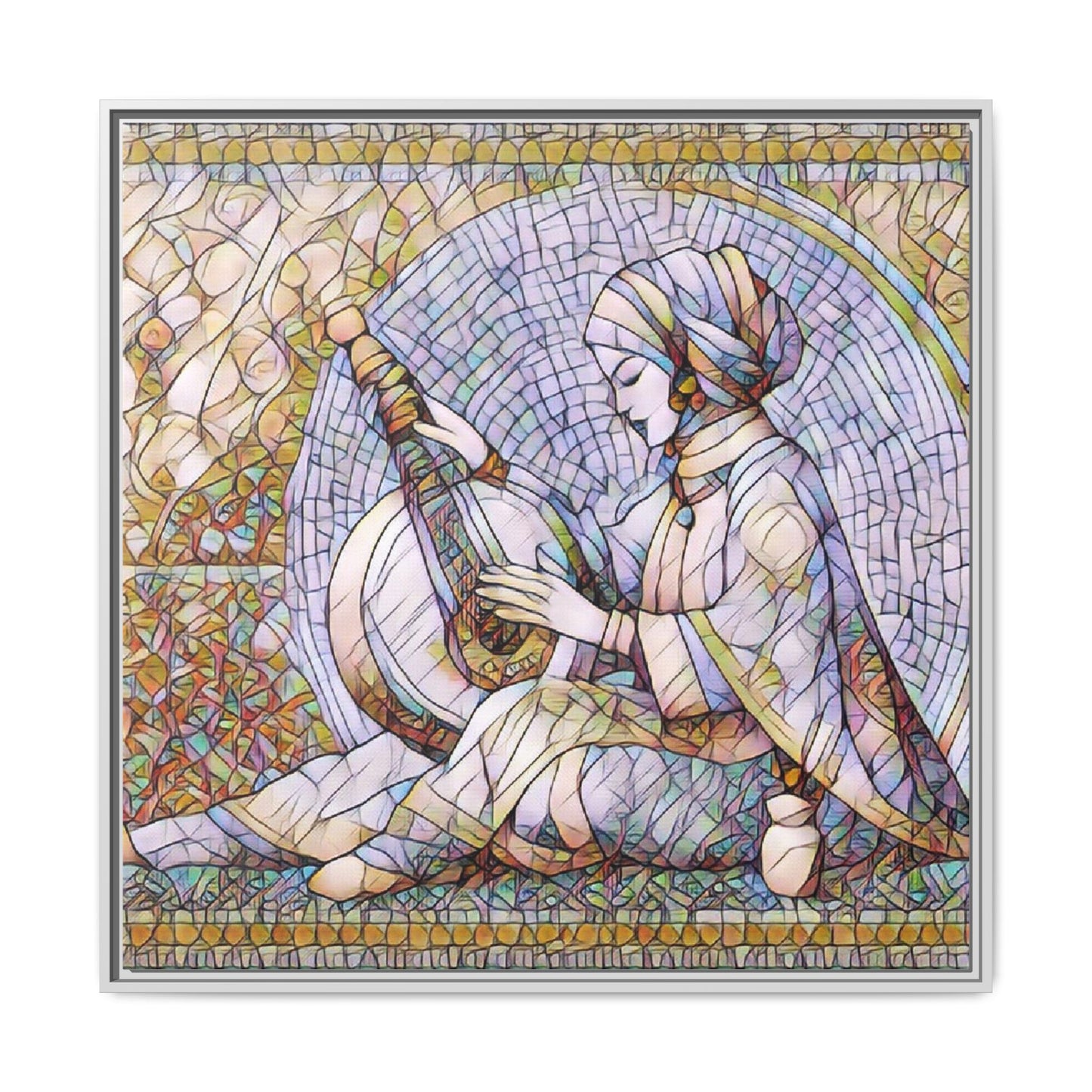 Framed Matte Canvas: Mosaic Lute Player Wall Art — Bohemian Musical Portrait