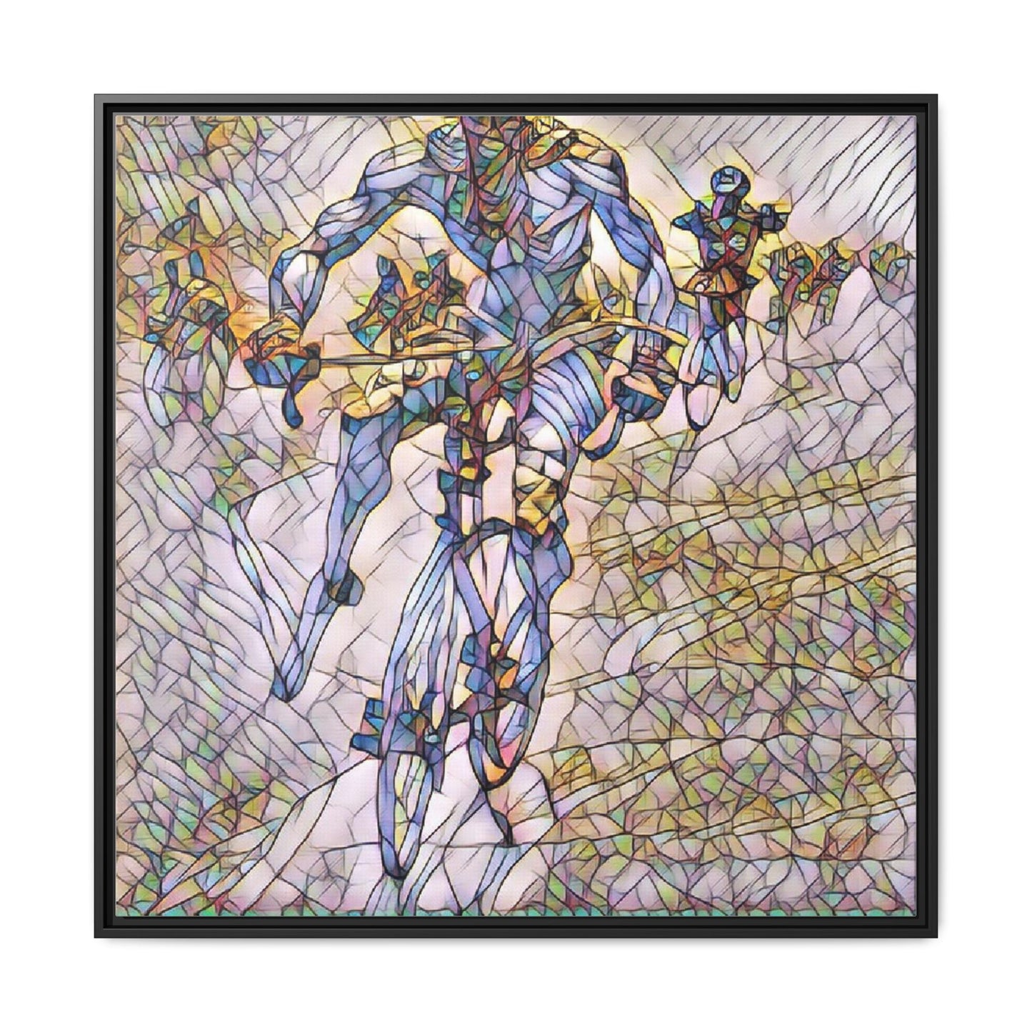 Abstract Cyclist Matte Canvas Framed Art — Colorful Stained-Glass Bike Print