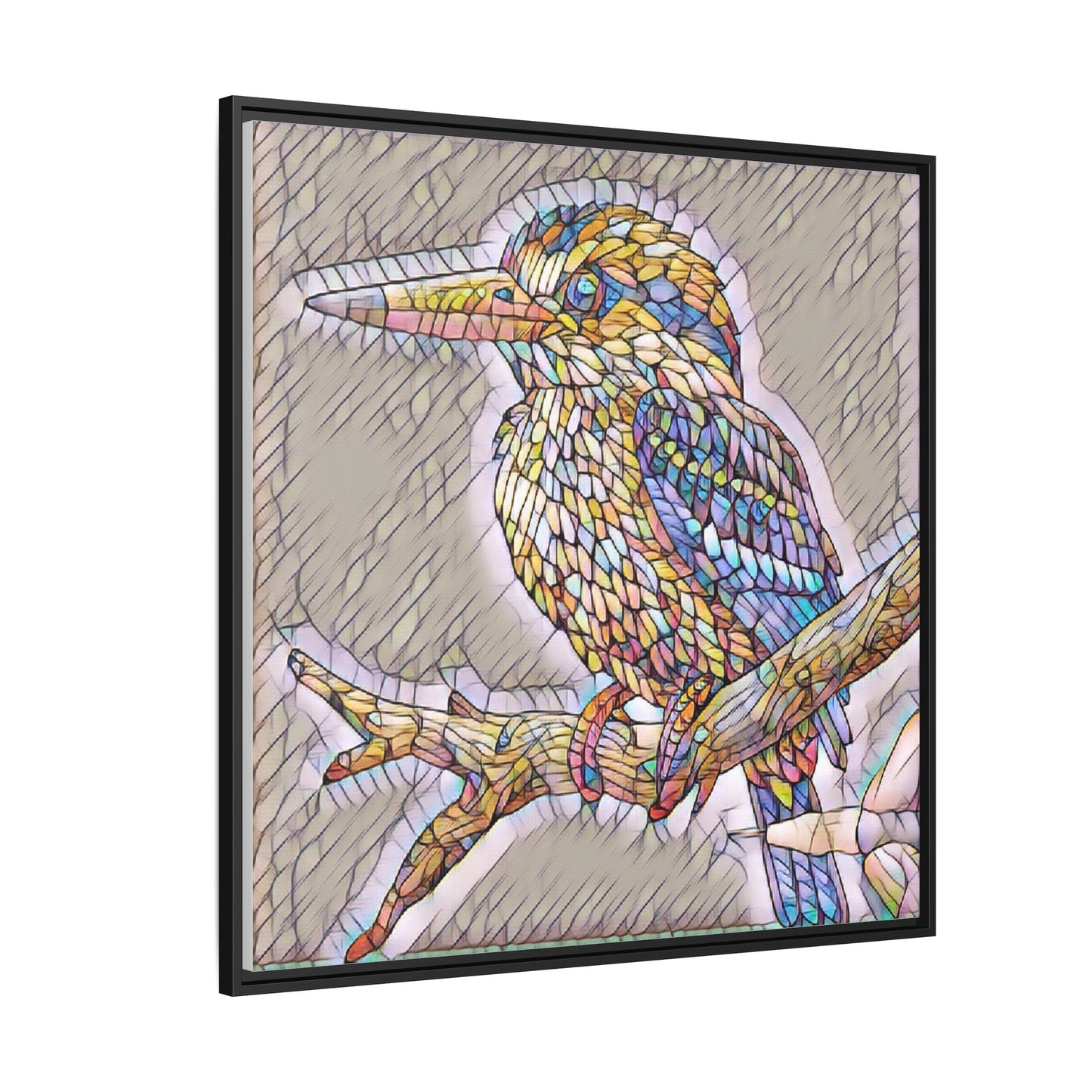 Colorful Kingfisher Framed Canvas Wall Art — Stained-Glass Style Bird Print