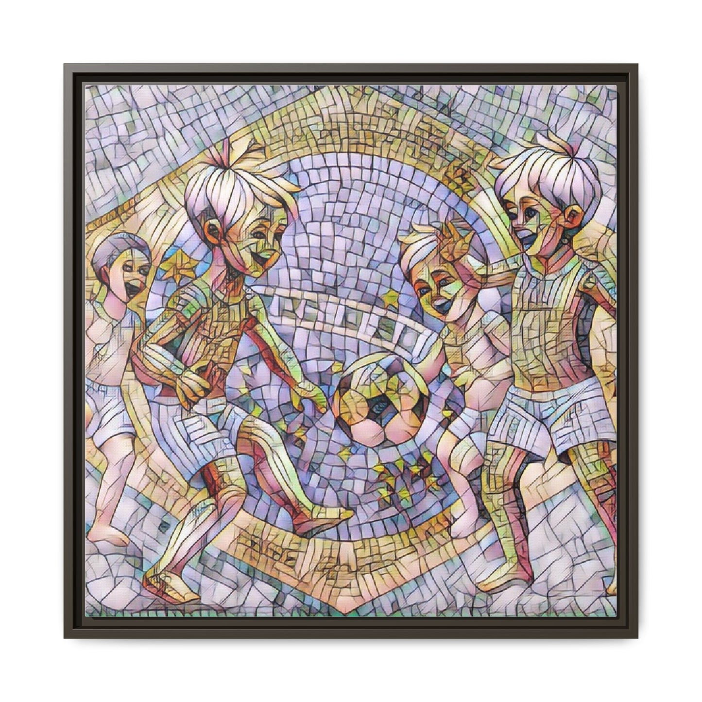 Framed Matte Canvas – Vintage Mosaic Kids Playing Soccer Art