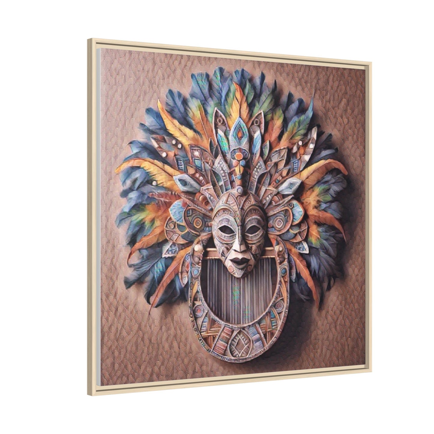 Tribal Feather Mask Framed Canvas Wall Art — Colorful Boho Decorative Print