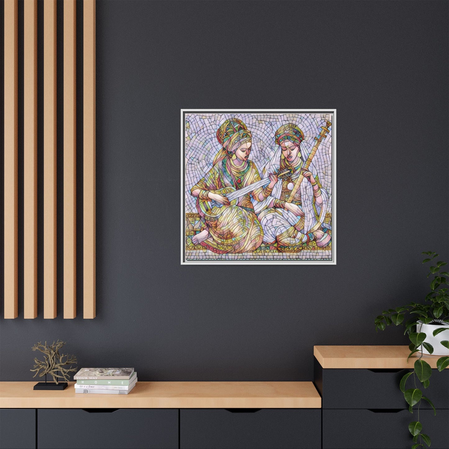 Framed Mosaic Art Print — Two Women Playing Lutes (Matte Canvas)
