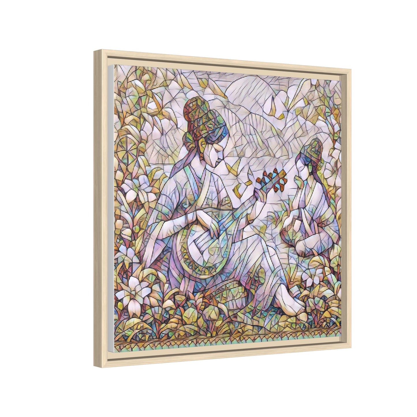 Framed Matte Canvas Art - Vintage Asian Musicians Floral Illustration
