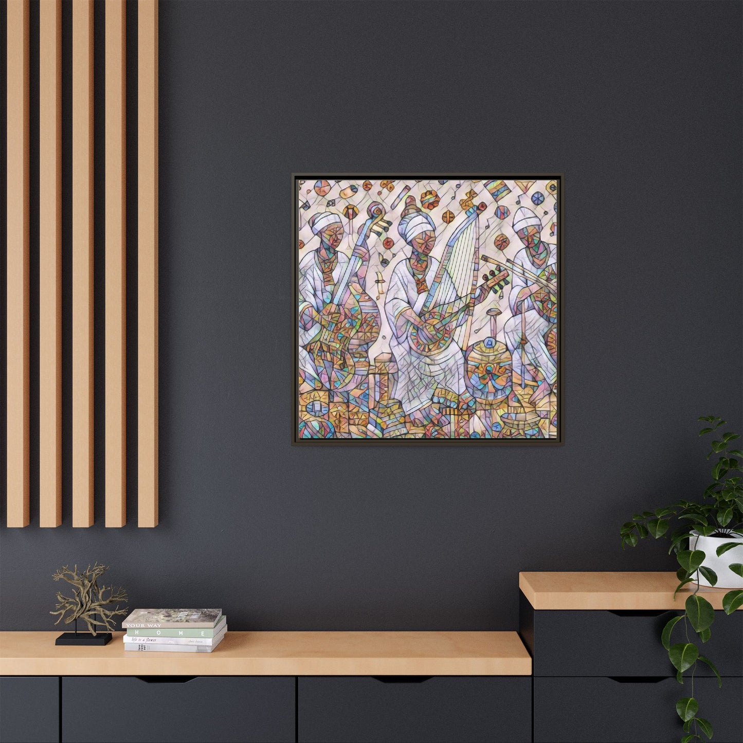 Framed Matte Canvas Print — Colorful African Musicians Stained-Glass Art