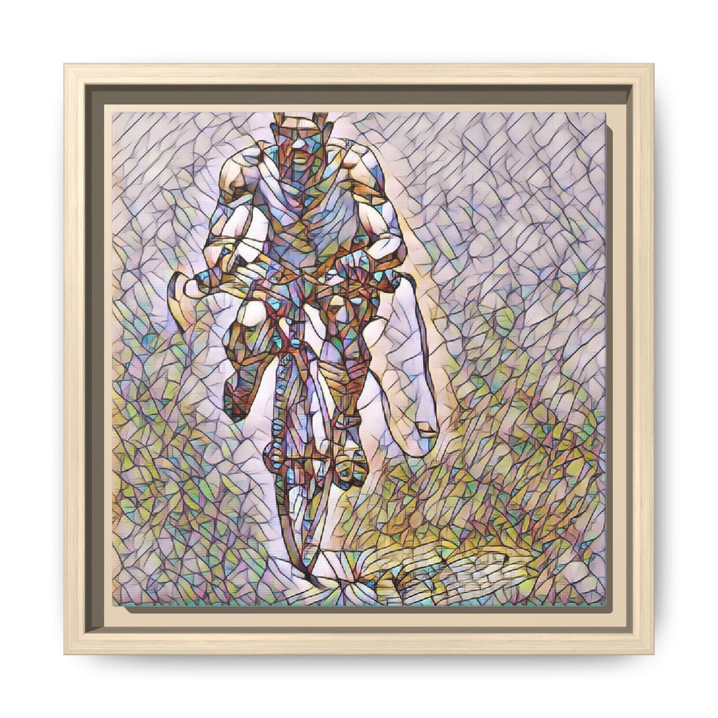 Cyclist Art Print — Framed Matte Canvas Wall Art (Multicolor Stained-Glass Style)