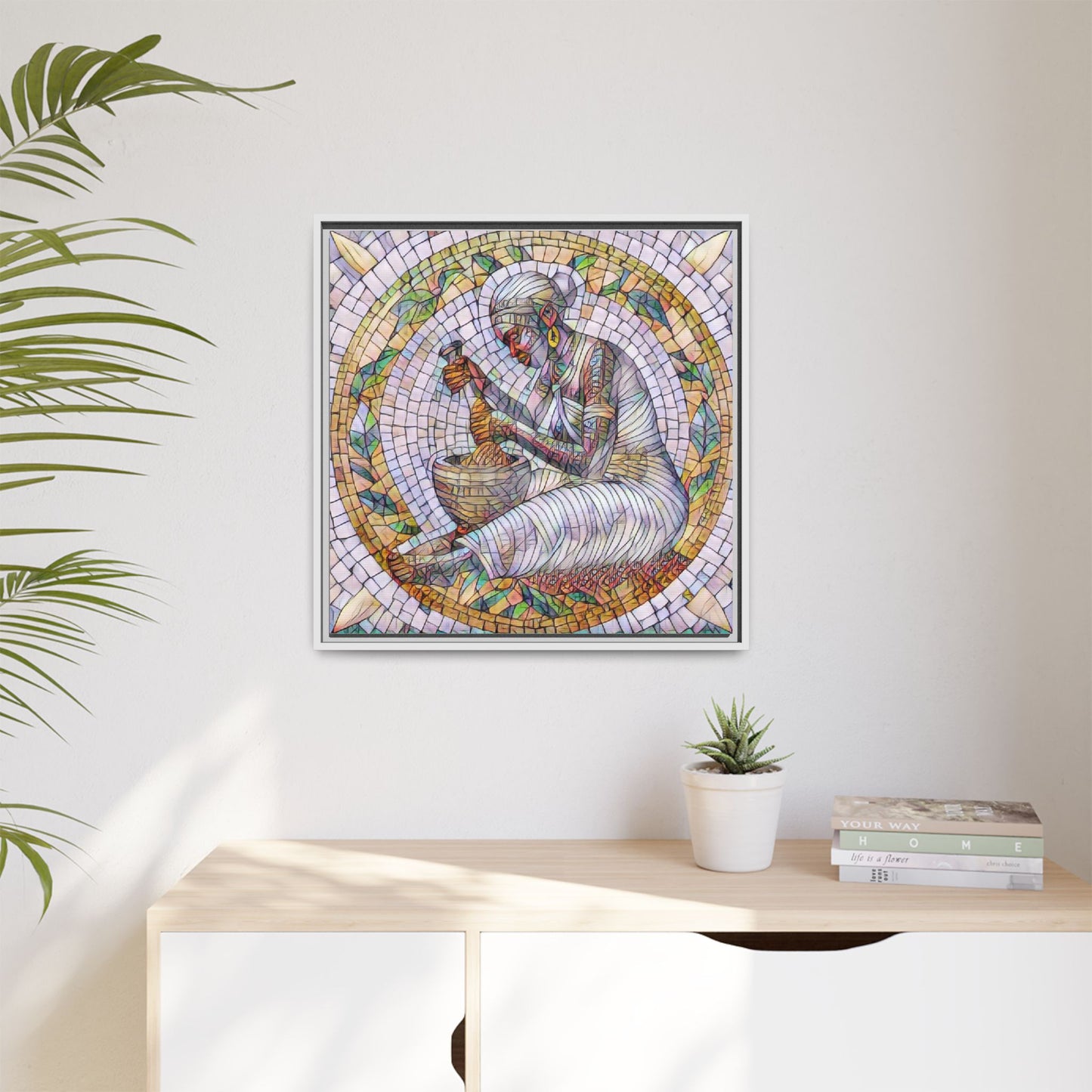 Framed Mosaic Art Print — Woman Grinding Grain (Matte Canvas)