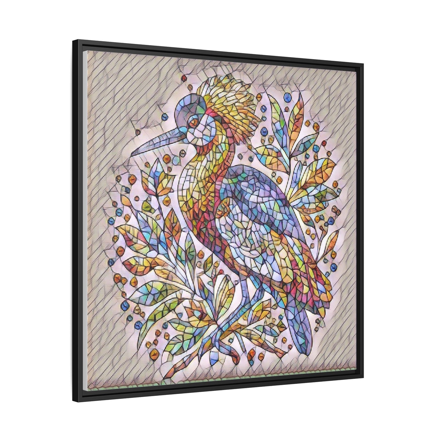 Colorful Stained-Glass Heron — Framed Matte Canvas Wall Art