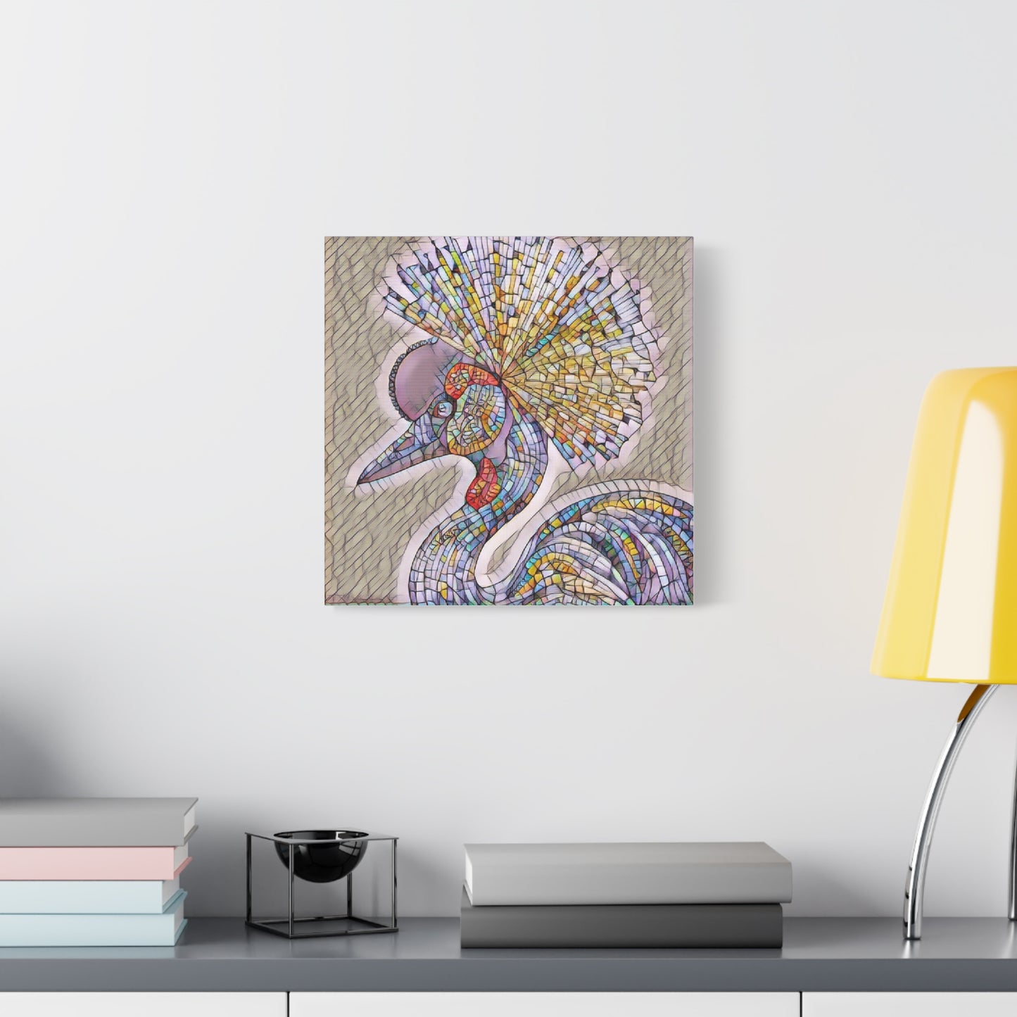 Colorful Mosaic Crowned Crane Canvas Wall Art — Stretched Matte Print