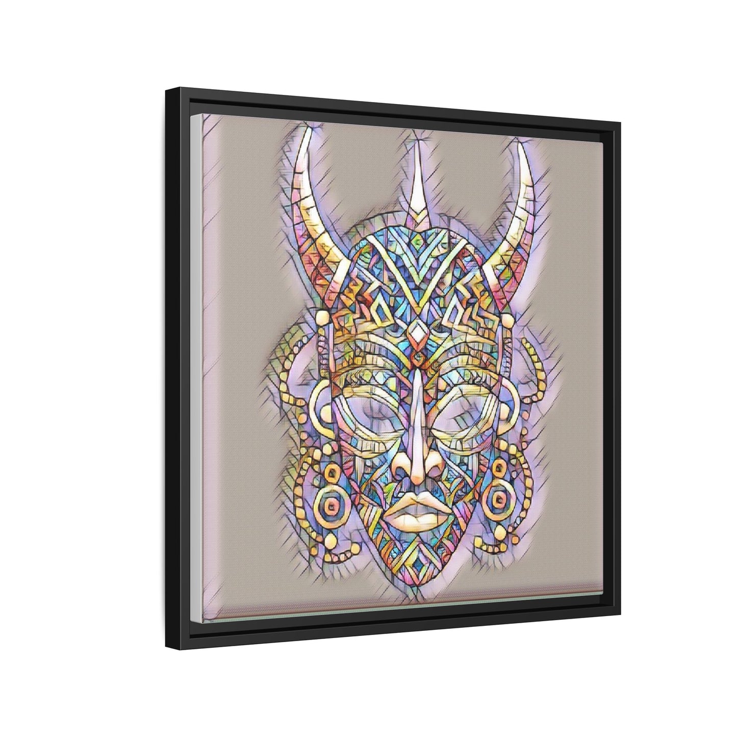 Colorful Tribal Mask Framed Canvas Art — Abstract Ethnic Wall Decor