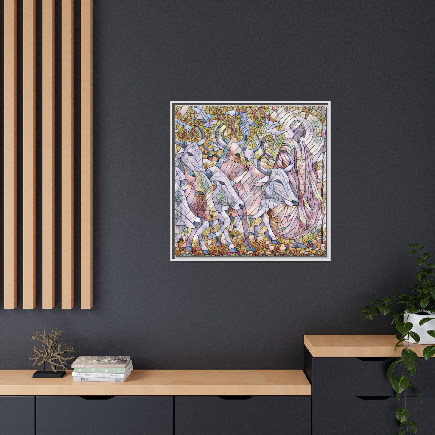 Framed Matte Canvas Art — Stained-Glass Style Cattle Herd