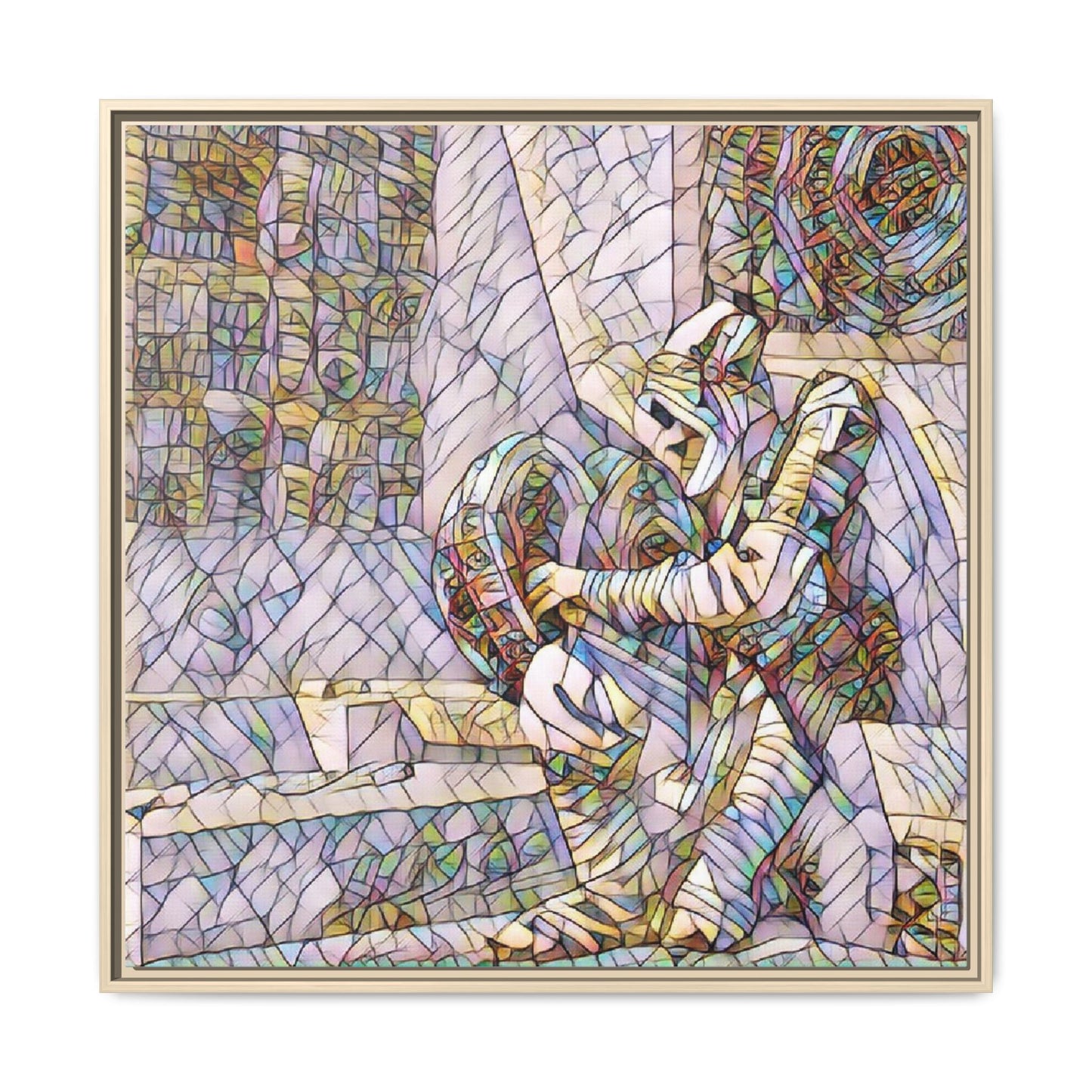 Framed Matte Canvas Art — Colorful Stained-Glass Astronaut Embrace