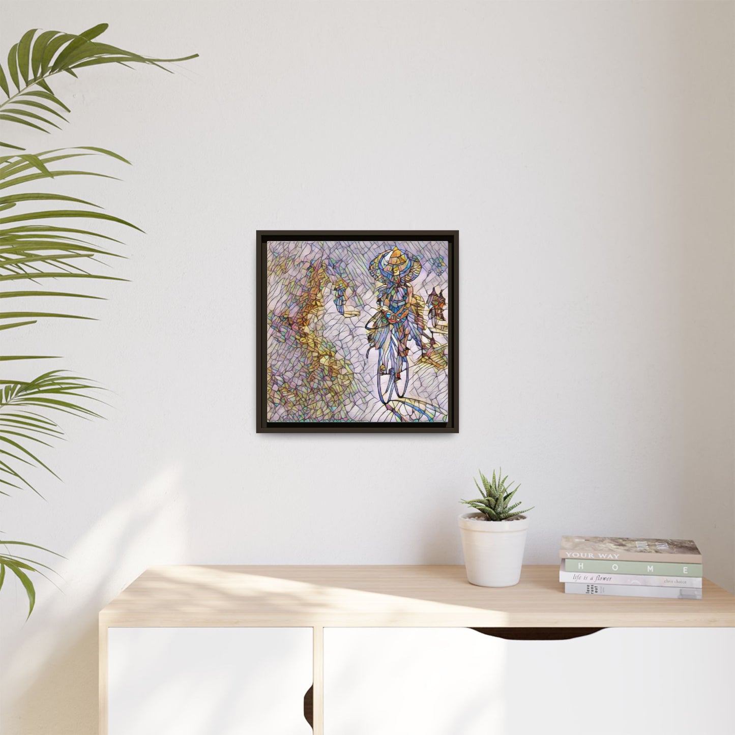 Abstract Cyclist Stained-Glass Art Print — Framed Matte Canvas