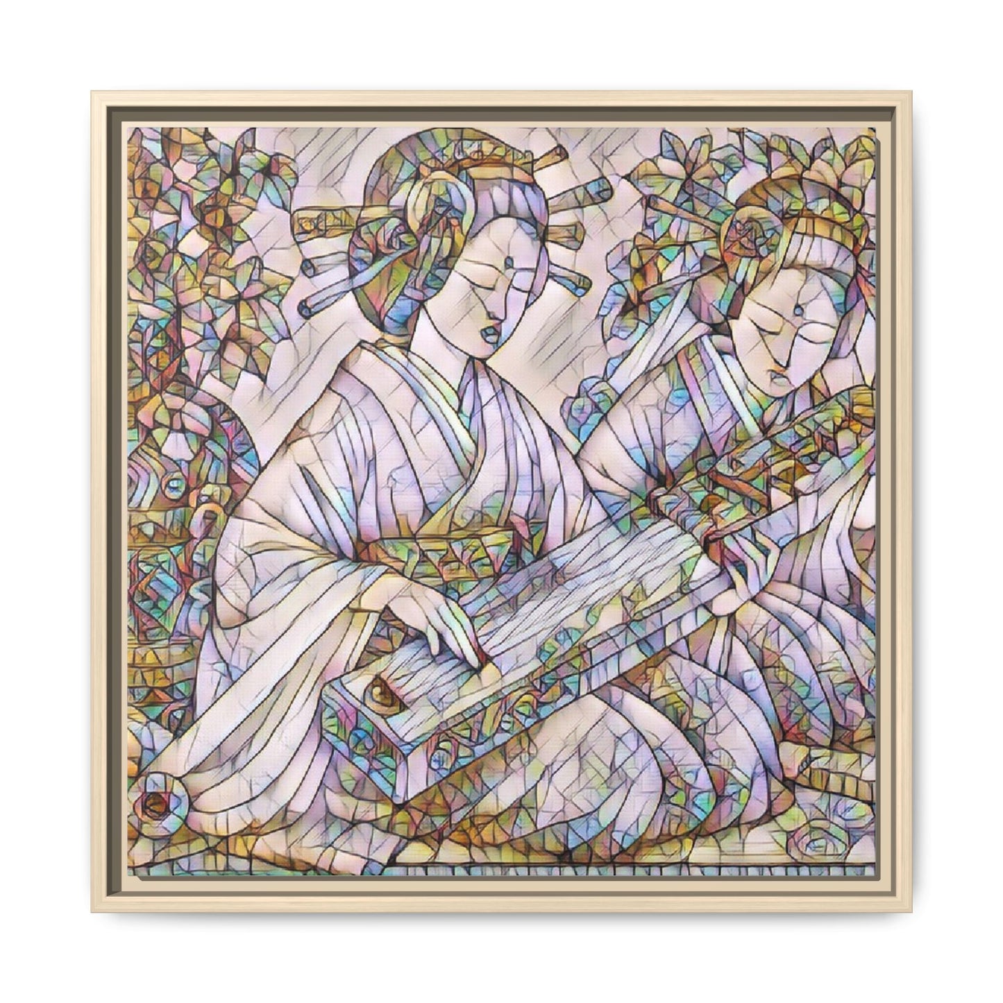 Framed Matte Canvas Print — Stained-Glass Geisha Duo