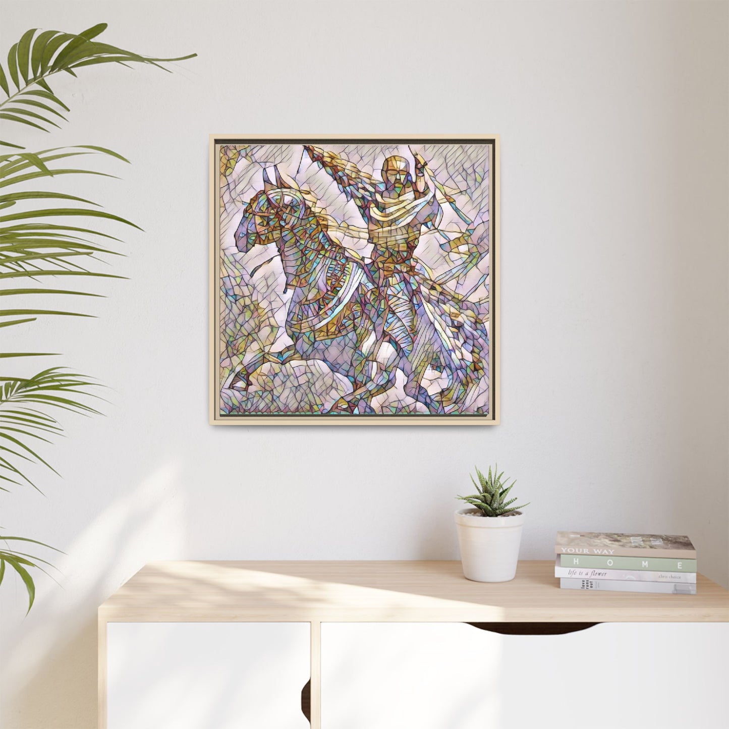 Framed Matte Canvas Print — Stained Glass Knight on Horse Artwork